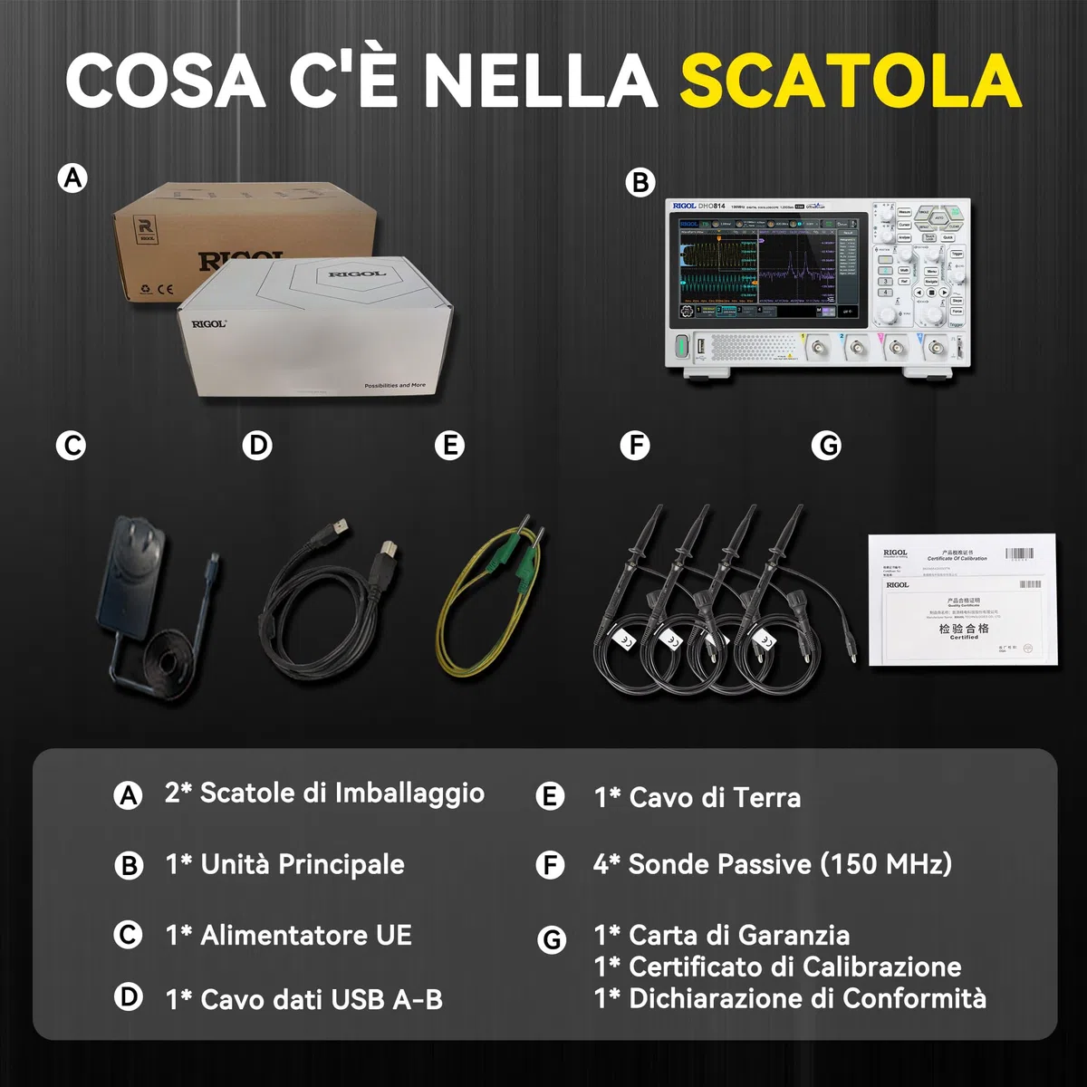 RIGOL Oscilloscopio digitale DHO804 70 MHz, 4 canali analogici, 1 canale EXT, fino a 25 Mpts profondità di memoria, fino a 1,25 GSa/s frequenza di campionamento in tempo reale, 3 anni di garanzia.