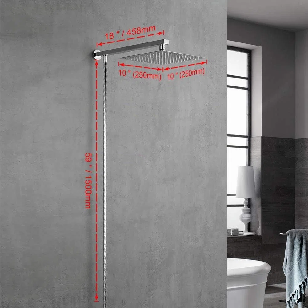 GRIFEMA G7007 - Soffione Doccia Pioggia con Braccio e Tubo, Soffione Doccia a Pioggia Anticalcare ad Alta Pressione Testa di Doccia Acciaio Inox Lucido Ultra Sottile Quadrato