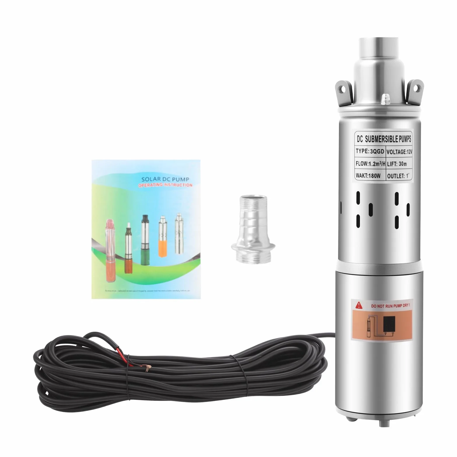 Pompa solare per acqua da 12 V, 180 W, in acciaio inox, pompa per pozzi profondi, 30 m, altezza di erogazione 1,2 m³/h, per irrigazione del giardino, laghetto, fontana, sistema di irrigazione, IP68