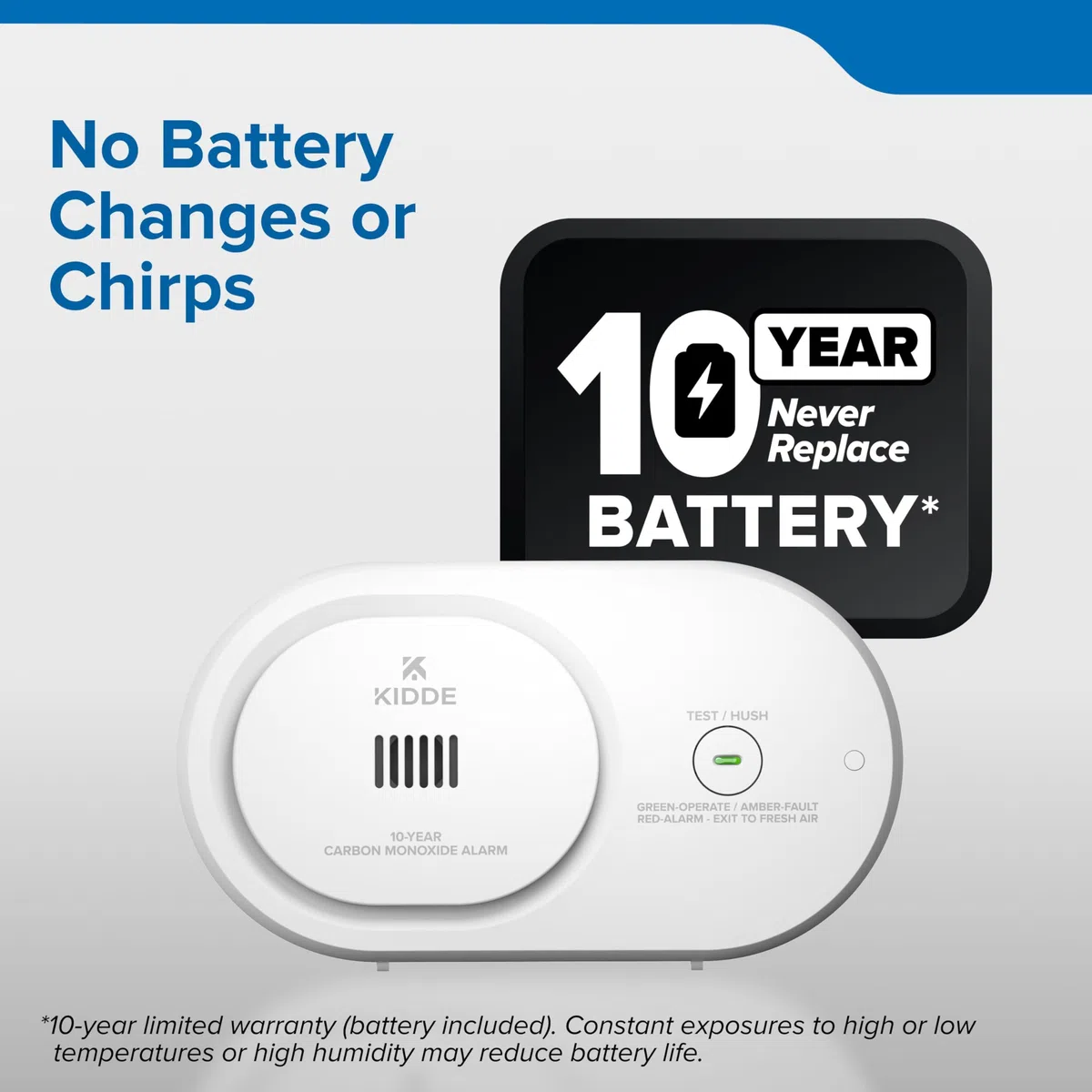 Kidde Rilevatore di monossido di carbonio, alimentazione a batteria da 10 anni, indicatori di stato LED, allarme 85 dB, 5a edizione, COB10