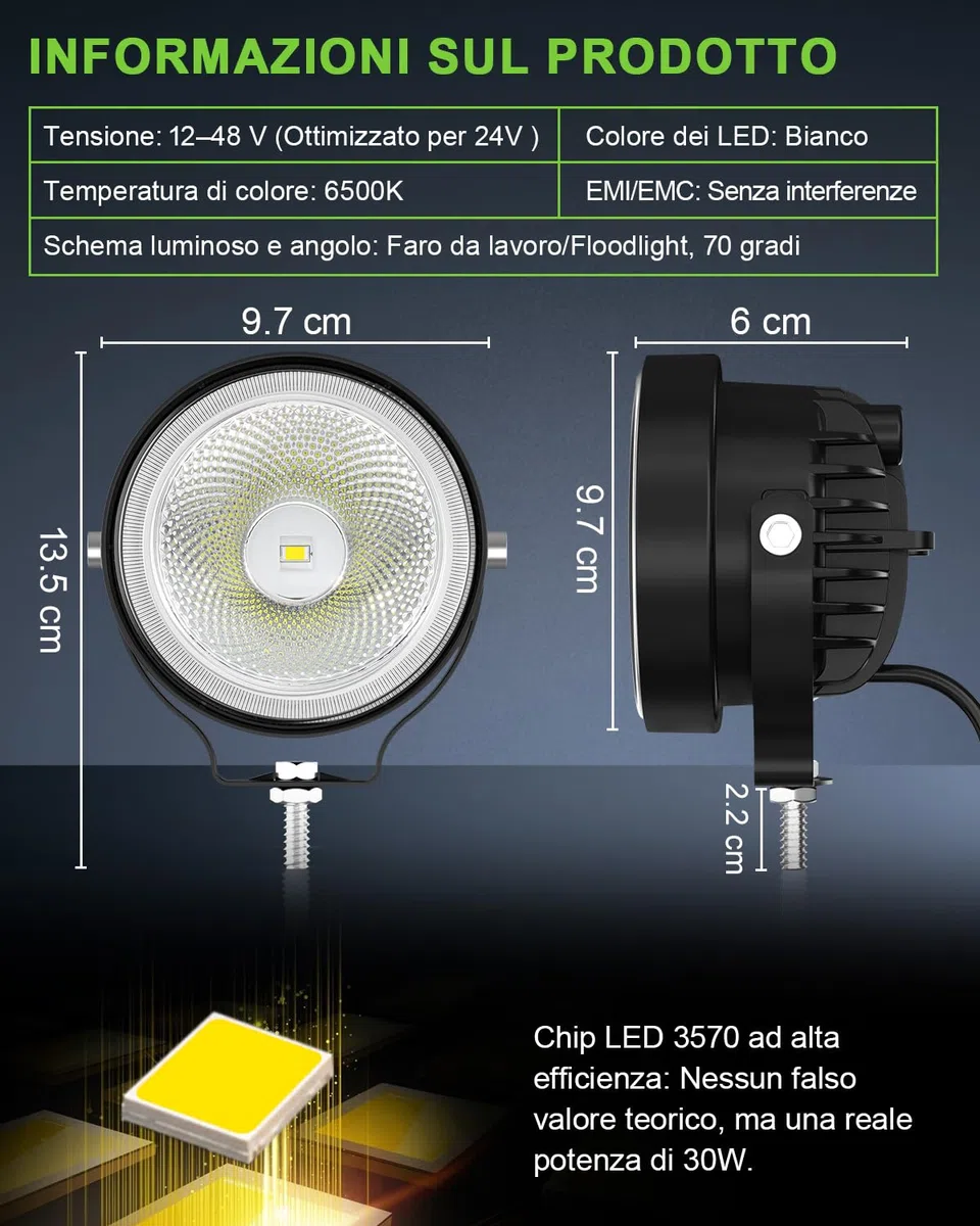 2 Pezzi Fari da Lavoro LED 60W 4 Pollici Rotondi, DC 12V-24V Faro Proiettore IP68 Impermeabile, Luci Ausiliarie per Trattore, Mezzi Edili, Camion, Escavatore, Atomizzatori Agricoli