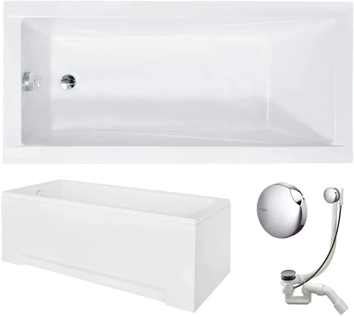 VBChome Vasca da bagno in acrilico, 130 x 70 cm, set di grembiule, sifone in acrilico, rettangolare, colore bianco, design moderno, piedini per vasca da bagno, scarico cromato