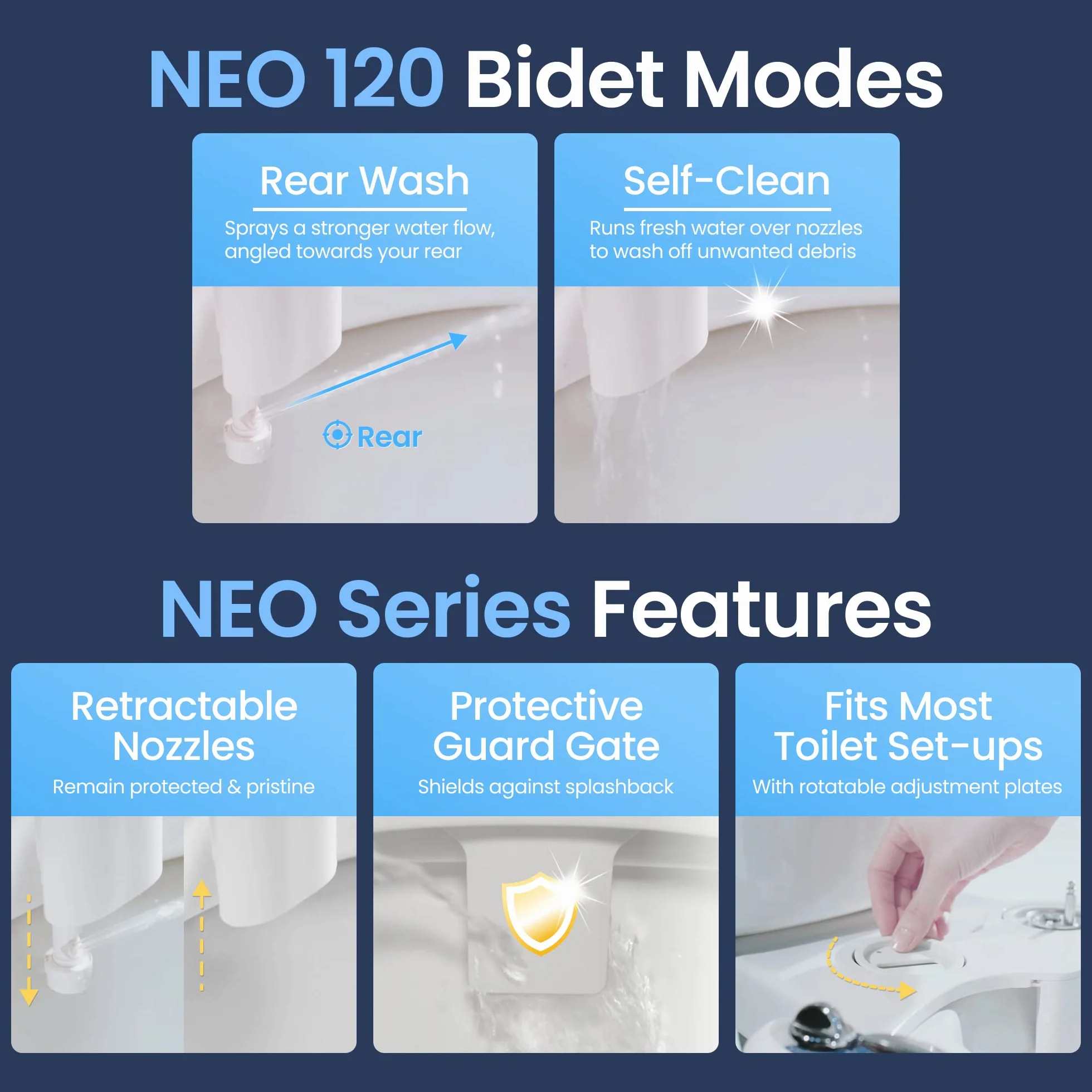 Luxe bidet Neo 120, bidet meccanico con attacco per WC, doppio ugello autopulente, acqua calda e fredda (blu e bianco)