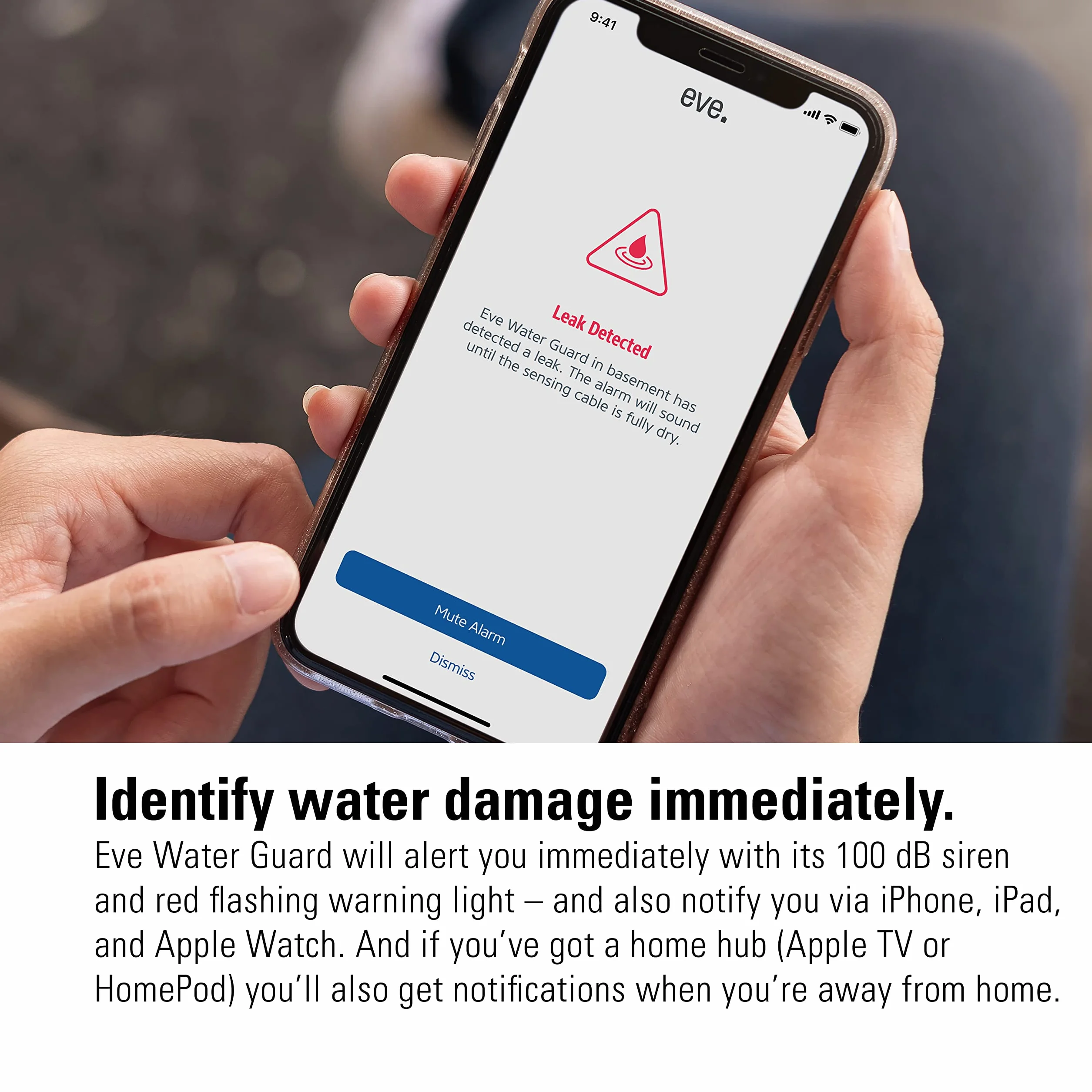 EVE Water Guard - Rilevatore intelligente di perdite d'acqua, cavo di 2 m, sirena da 100 dB, allarme di perdite d'acqua su iPhone, iPad, Apple Watch (Apple HomeKit), Bluetooth, Thread, Bianco