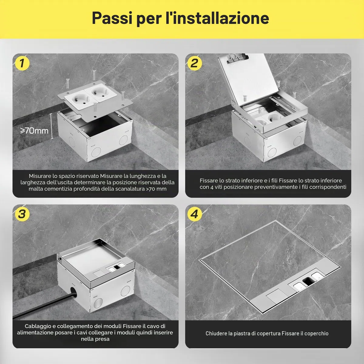 Scatola di corrente da incasso a pavimento 16A 4000W in acciaio inox impermeabile, 2 prese elettriche UE, set da pavimento retrattile per cucina, soggiorno, ufficio, hotel