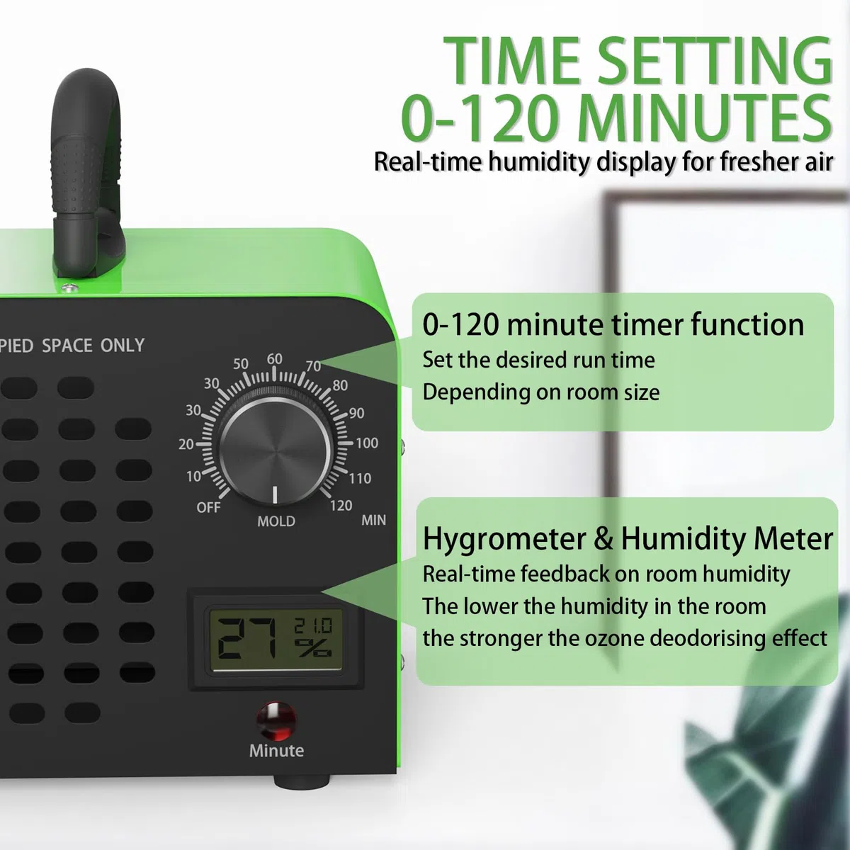 FREEUP Generatore di ozono 60.000 mg/h, Portatile Ozonizzatore per Ambienti Abitazioni Auto Casa Uffici Hotel, con Indicatore di Temperatura e Umidità, Timer 120 min, Max 400 m², Verde