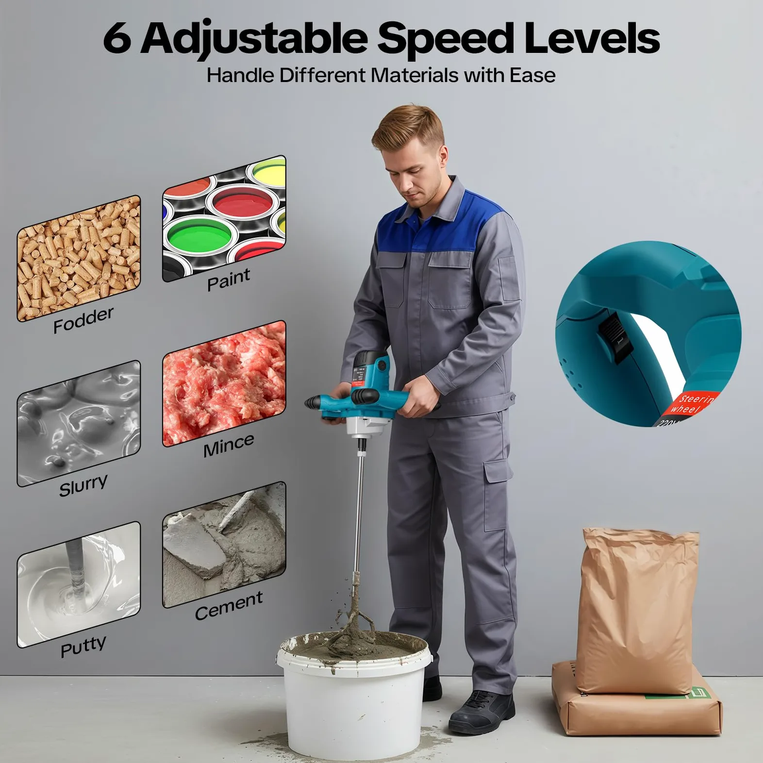 Agitatore, 2100 W, mescolatore per calcestruzzo, 800 giri/min, controllo della velocità a 6 livelli, silenzioso, miscelatore per malta per cemento, cemento, cemento, vernici e mastice