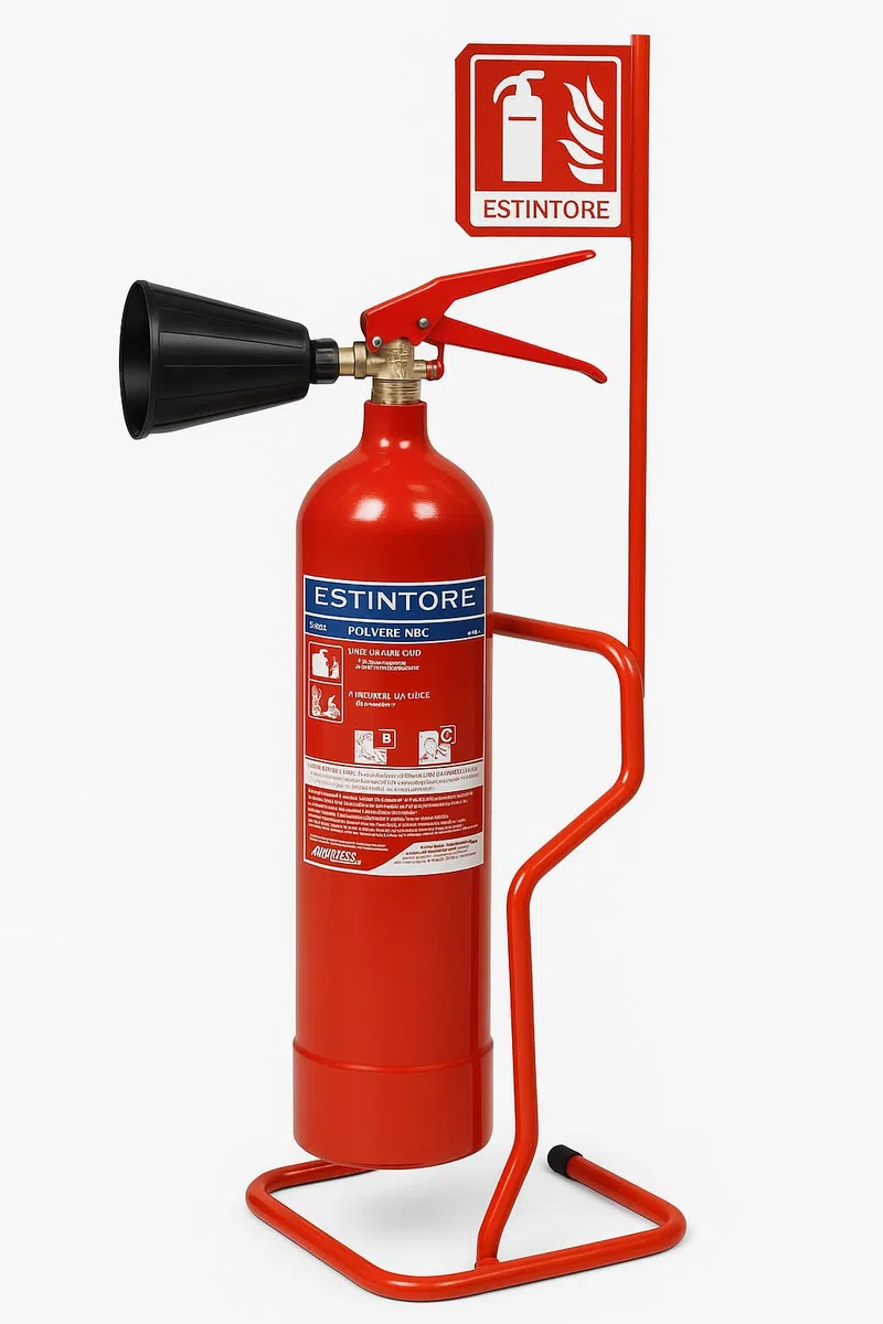 Estintore a CO2 Kg 2, Certificato, di Nuova Costruzione, Fornito di PIANTANA e Cartello + Tagliando di Controllo Applicato Tramite Adesivo sull’Estintore Stesso
