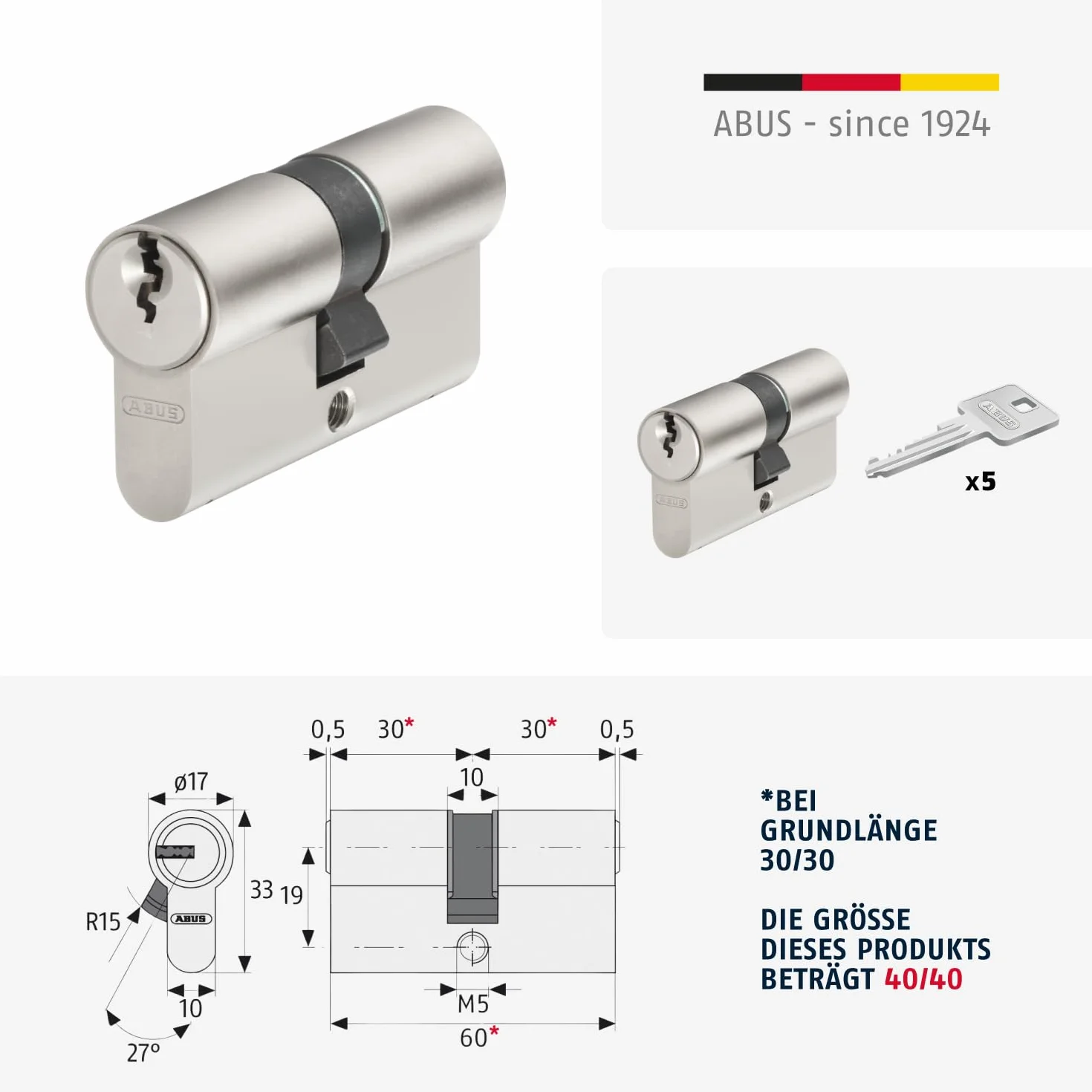 ABUS Cilindro Profilato E30NP 40/40 Doppio Cilindro per Porta con Funzione Emergenza Pericolo e 5 Chiavi, 59816