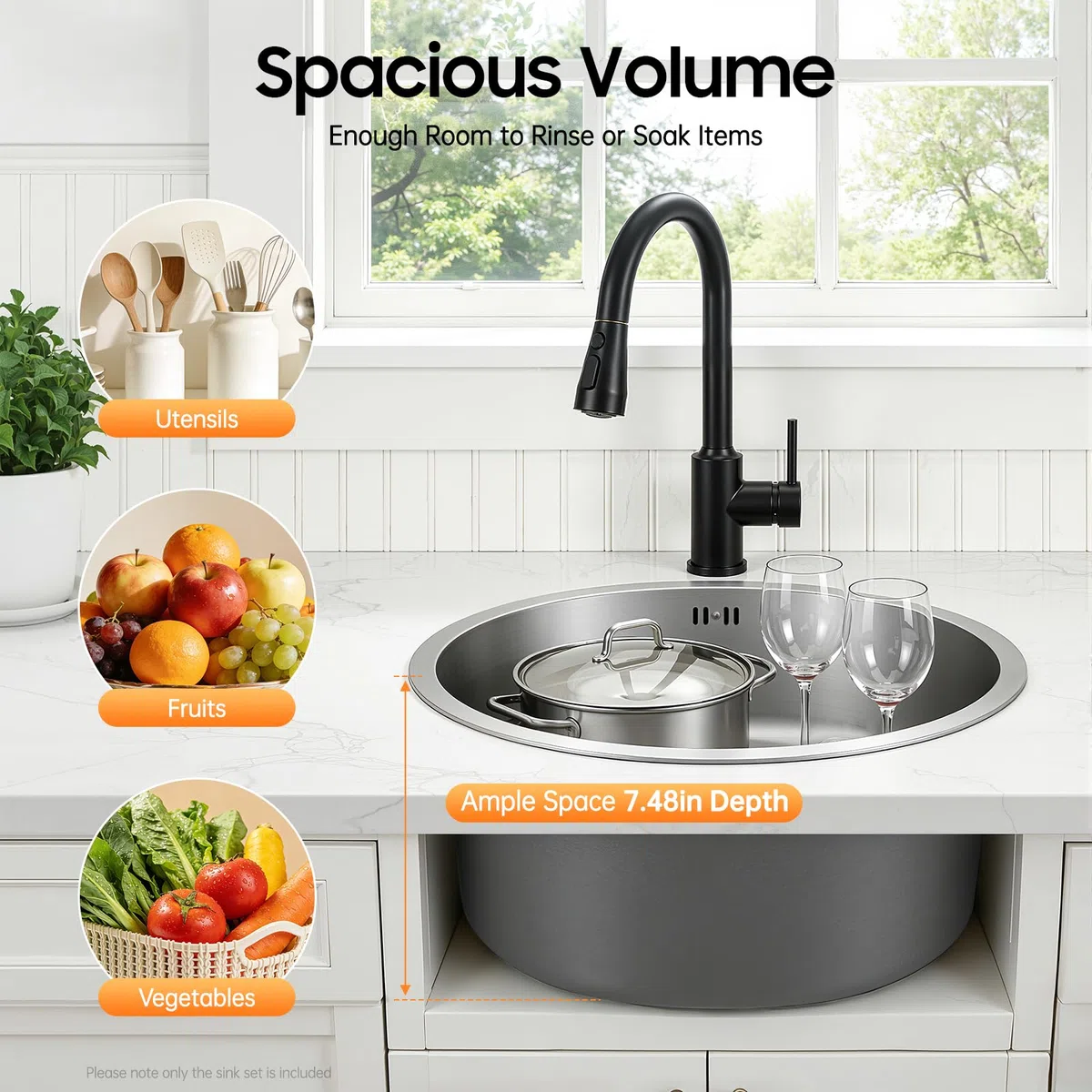 Lavello Rotondo in Acciaio Inox 304, Lavandino Circolare 38x38cm, Lavello da Cucina con Cestello Filtrante 10cm, Scarico e Tubo di Trabocco in Acciaio Inox per Ristoranti, Hotel