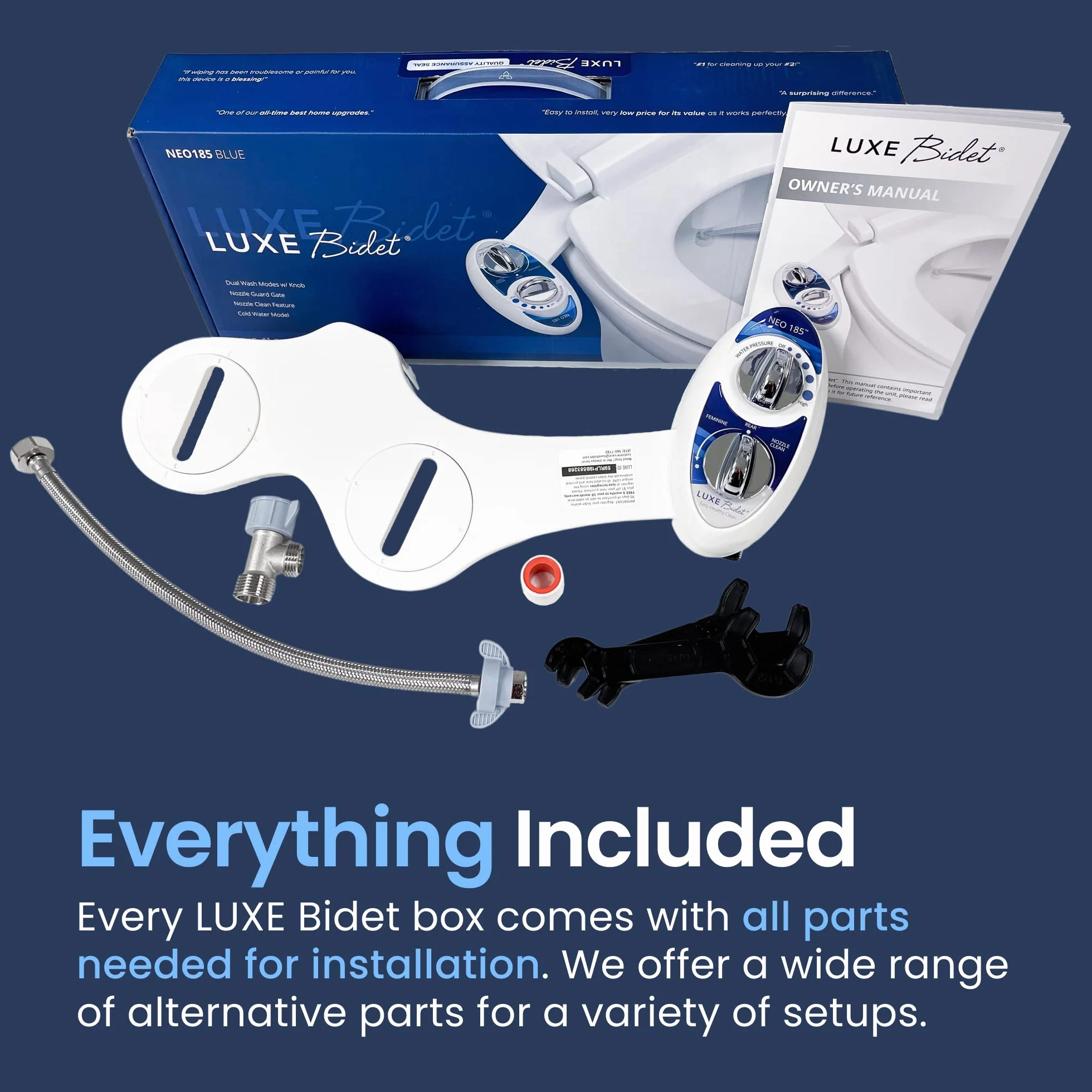 LUXE Bidet, NEO 185, attacco bidet non elettrico per sedile WC, autopulente, doppio ugello, pressione dell'acqua regolabile, modalità di lavaggio posteriore e femminile, blu