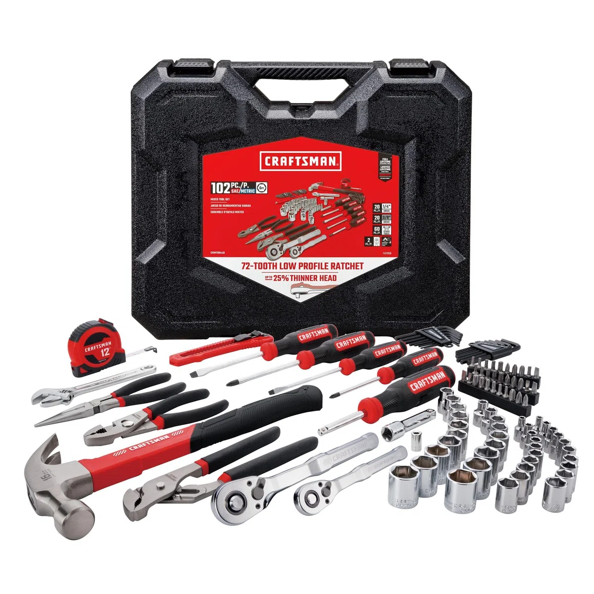 CRAFTSMAN CMMT99449 - Kit di attrezzi da 102 pezzi per casa e auto, set di utensili manuali durevoli con prese SAE/metriche