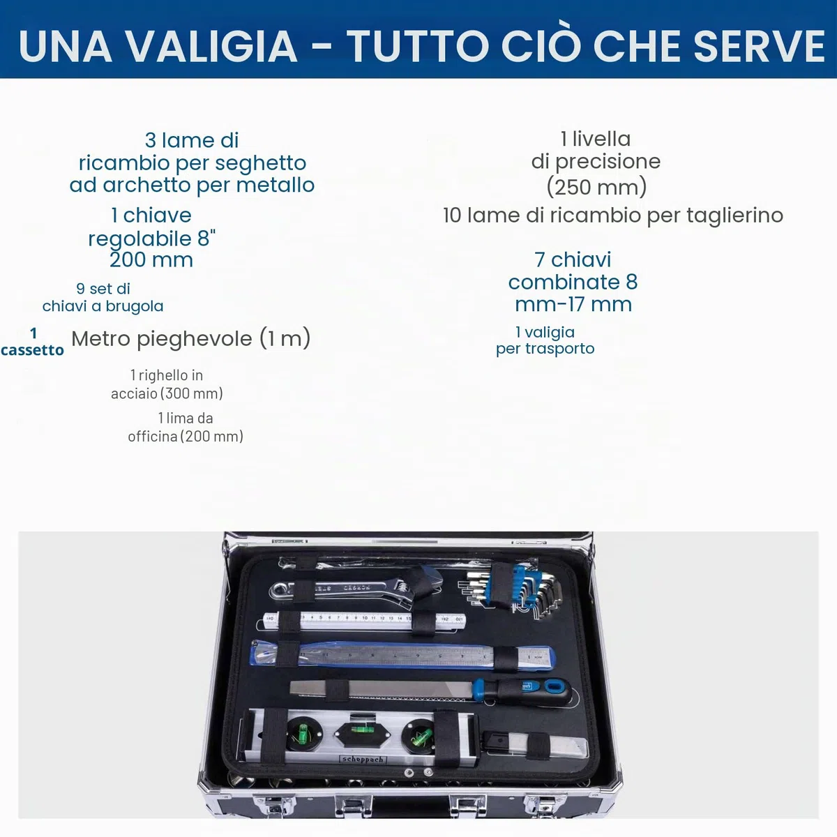Scheppach TB200 Cassetta degli attrezzi in alluminio riempita, set di 141 pezzi | Cassetta degli attrezzi dotata di chiave a cricchetto, martello, pinza, cacciavite, cassetta degli attrezzi per
