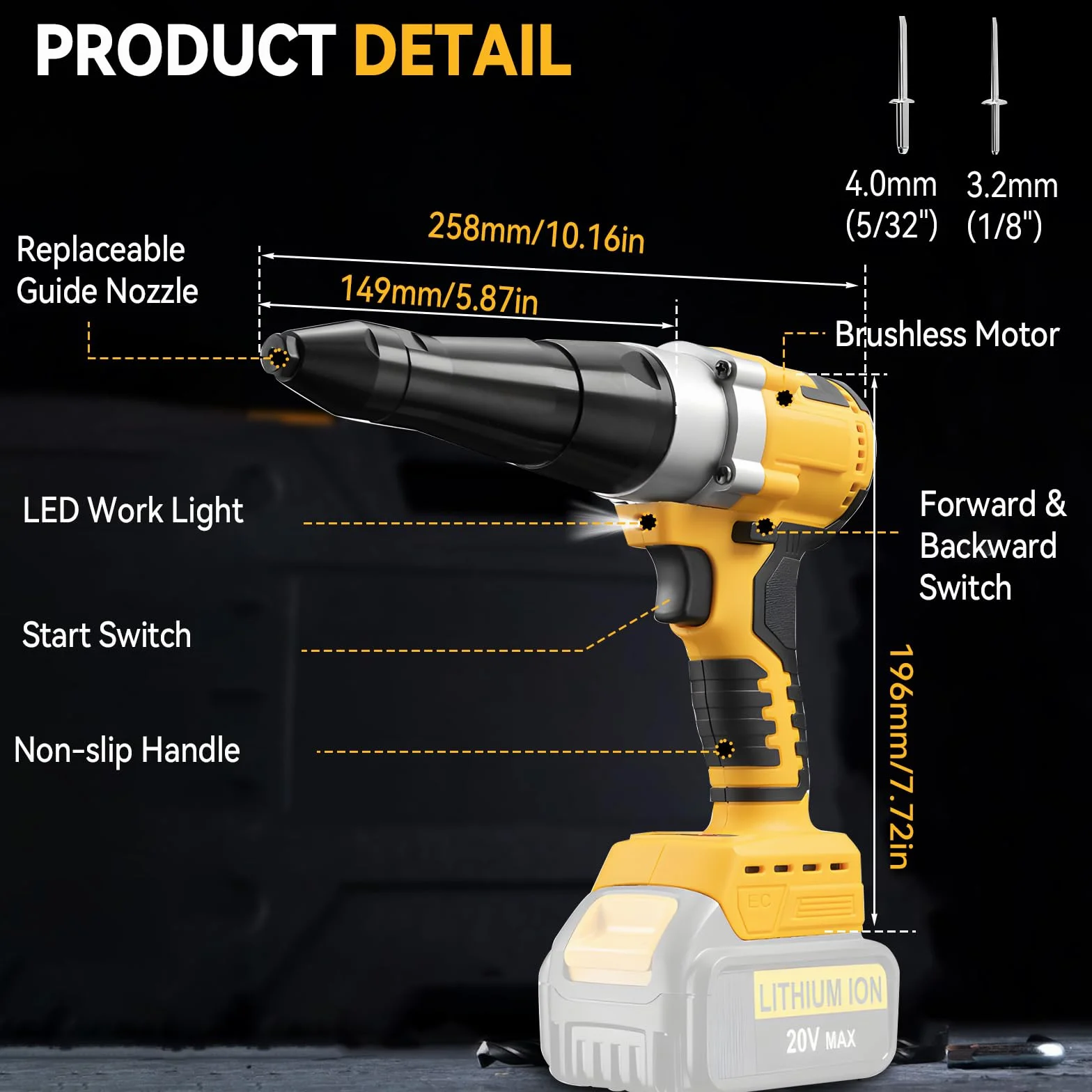 Pinza per rivetti elettrica automatica compatibile con Dewalt 20V senza spazzole, con LED automatico, pinza per rivetti automatica per utensili manuali da 3,2/4 mm (senza batteria)