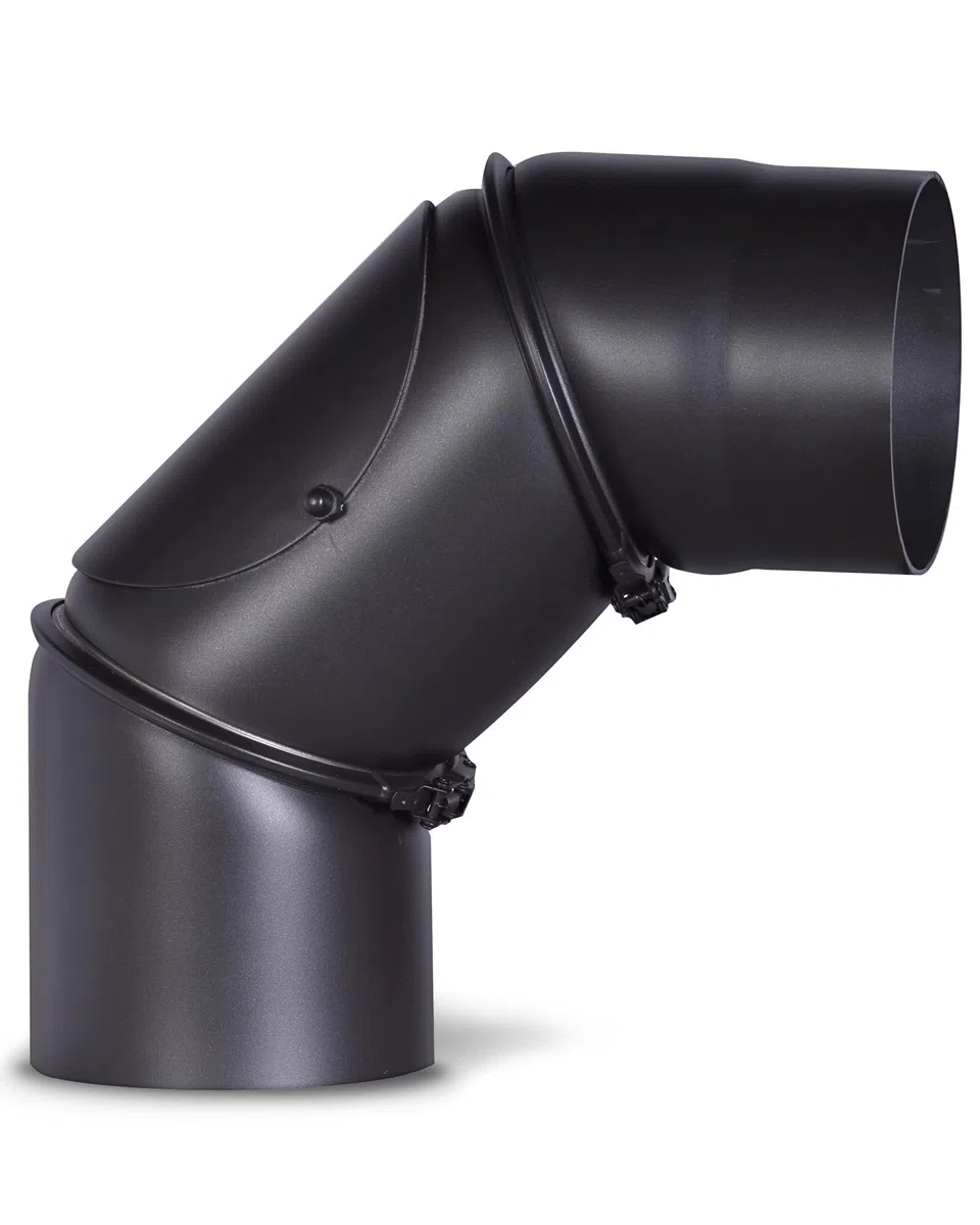 Tubo a gomito per stufa in acciaio spesso 2 mm (tubo fumo) con diametro di 120 mm, per stufe e fuochi da camino, Senotherm, nero, regolabile a 0 – 90 gradi, con porta di pulizia