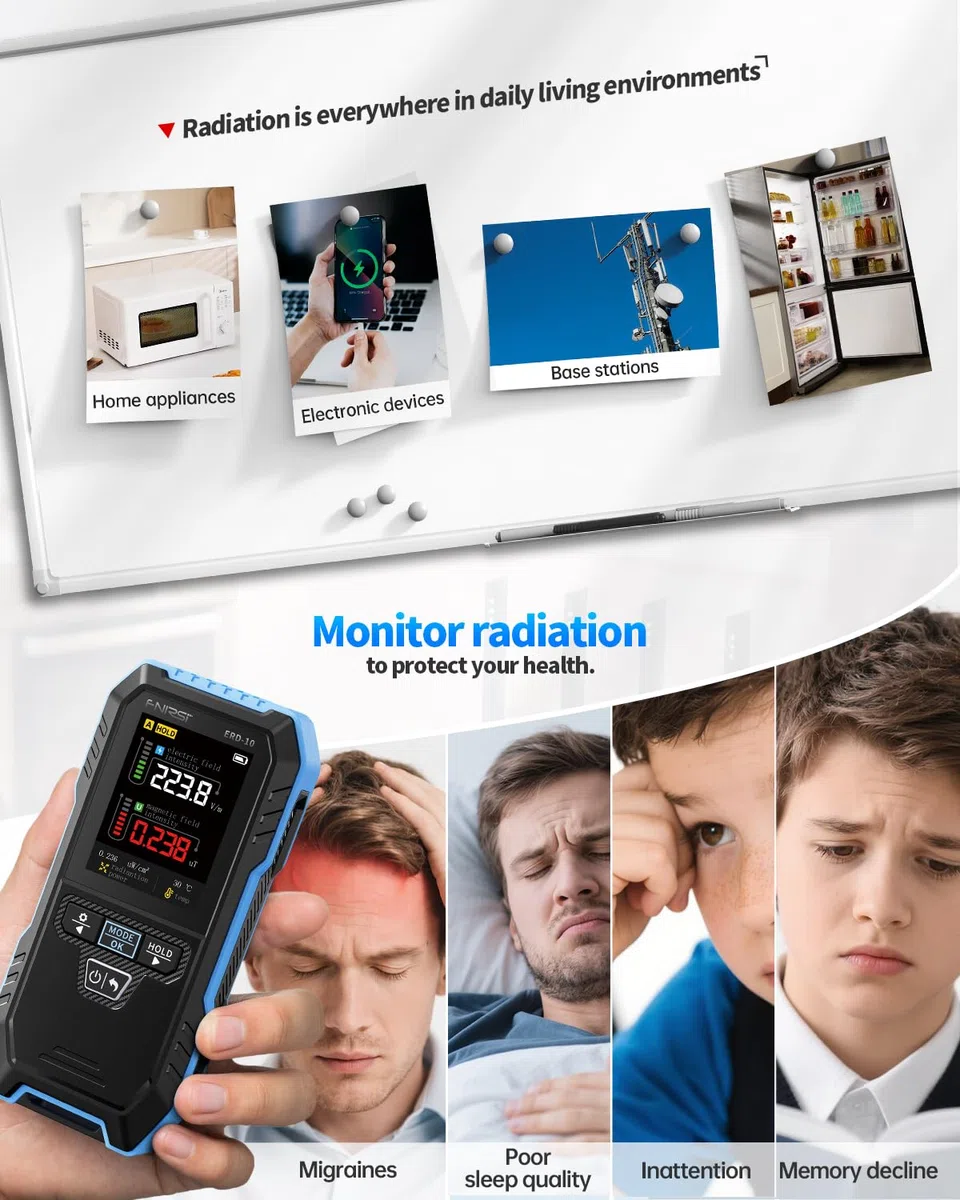 FNIRSI ERD-10 Rilevatore EMF, 4 in 1, misuratore di radiazioni EMF con modalità curva, lettore EMF ricaricabile, rilevatore di radiofrequenza per casa, ufficio, caccia ai fantasmi