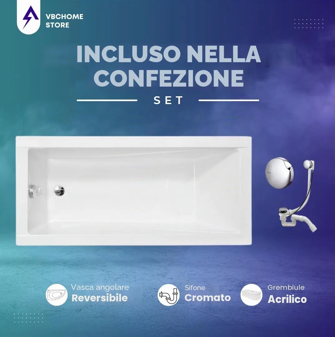 VBChome Vasca da bagno in acrilico, 130 x 70 cm, set di grembiule, sifone in acrilico, rettangolare, colore bianco, design moderno, piedini per vasca da bagno, scarico cromato