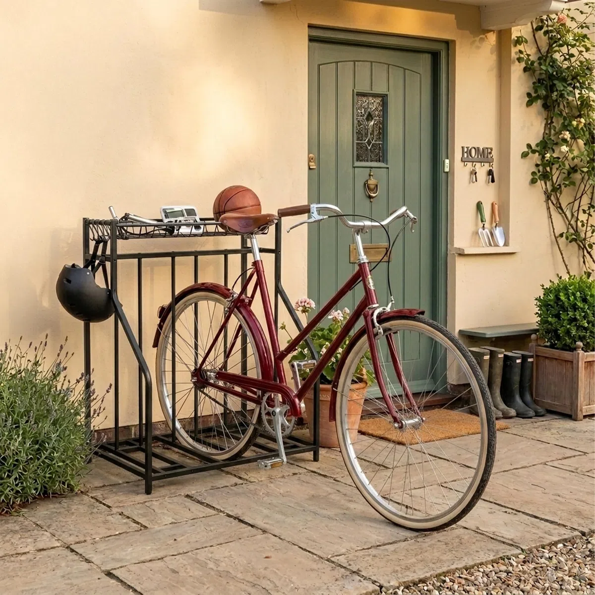 Relaxdays Portabici da Terra per 3 Biciclette, Larghezza Pneumatici Regolabile 3–11 cm, Cesto e 6 Ganci, Nero