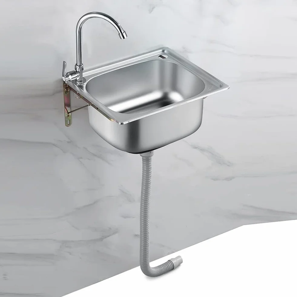 Lavello da cucina piccolo, lavello in acciaio inox a ciotola singola, fondo e dispositivo di drenaggio incorporato, ribaltabile, con morsetto tubo di scarico