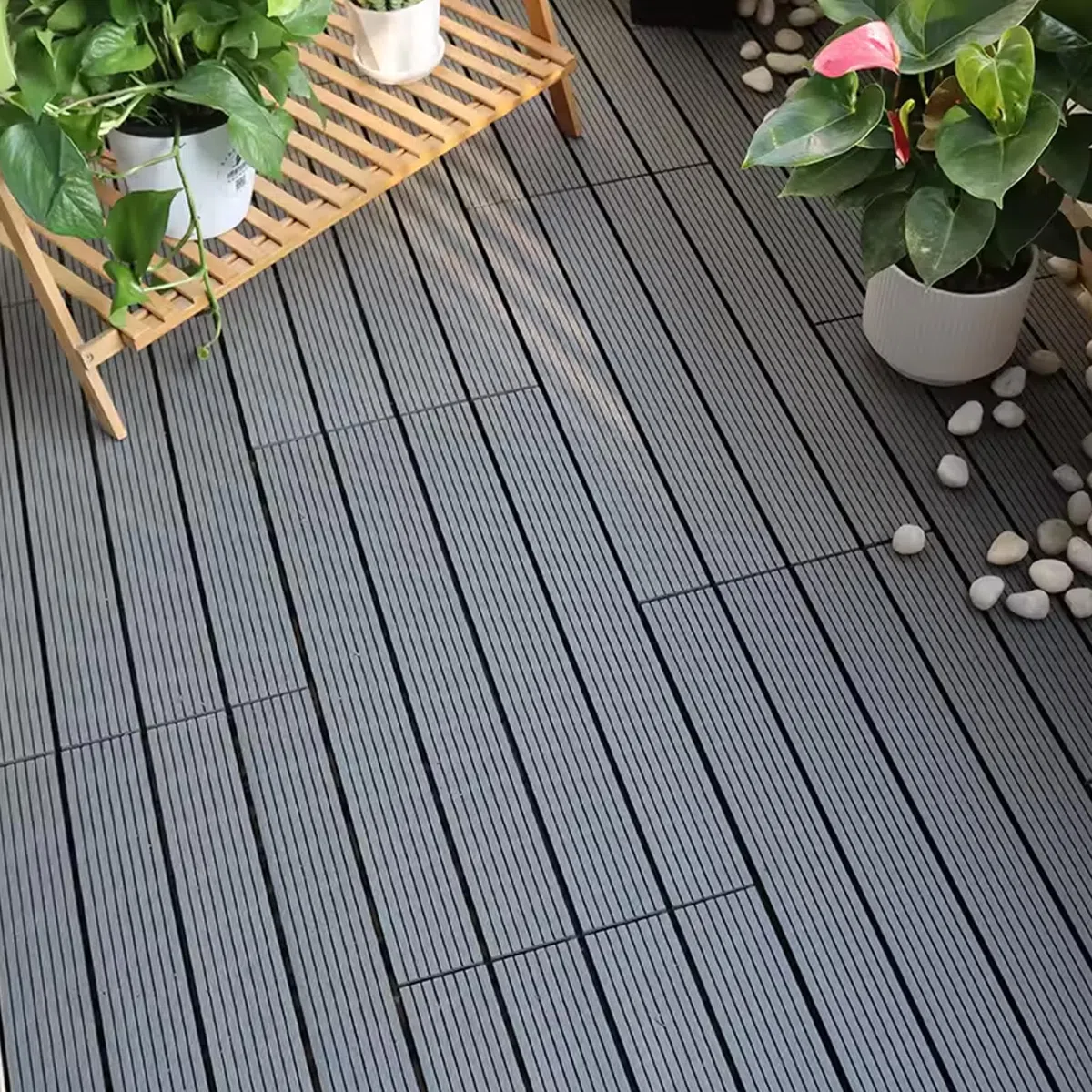 WPC - Piastrelle per terrazze, 60 x 30 cm, effetto legno, con rete di drenaggio in plastica, resistente alle intemperie, set da 6 pezzi, per pavimenti da 1 m², per esterni, balcone, terrazza,