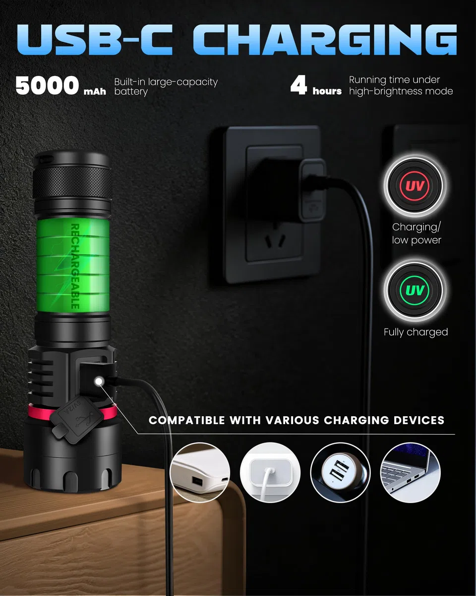 DARKBEAM Torcia UV 365nm 6x LED [4-core] Torce Luce nera ultravioletta, Lampada di Wood Portatile ricaricabile 80W, Rilevatore di Urina di Cane/Gatto, per minerale, ambra, vetro uranio, sangue, resina