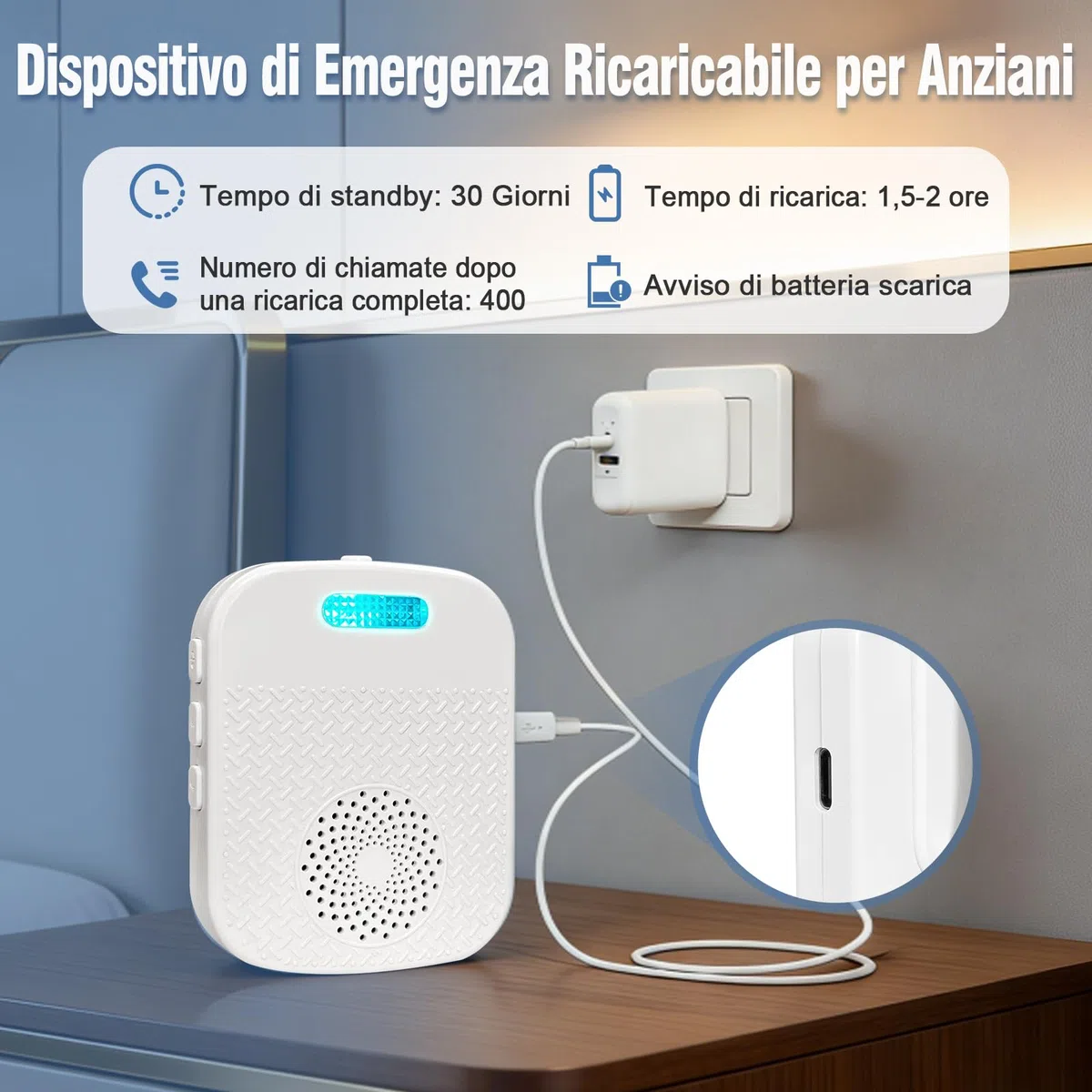 Pulsante di emergenza per anziani Sistema di telesoccorso interno Bracciale di emergenza per anziani Ricevitore ricaricabile Allarme SOS (Ricevitore*2 + Braccialetto*1 + Trasmettitore*1)