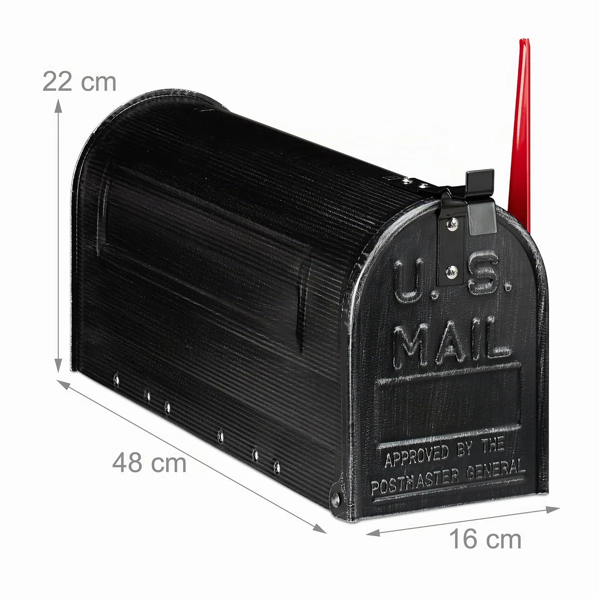 Relaxdays Cassetta Postale Americana, Vintage, US Mailbox, Scomparto Porta-giornali, Bandiera Rossa, 22x16x48 cm, Nera