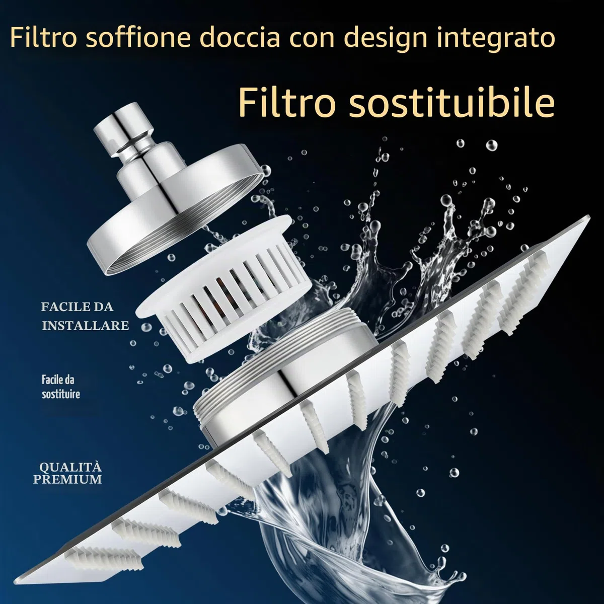 Soffione doccia filtrato, 30cm, soffione doccia di lusso, ammorbidisce l'acqua dura, migliora la condizione della pelle e dei capelli, design integrato con filtro, cromato