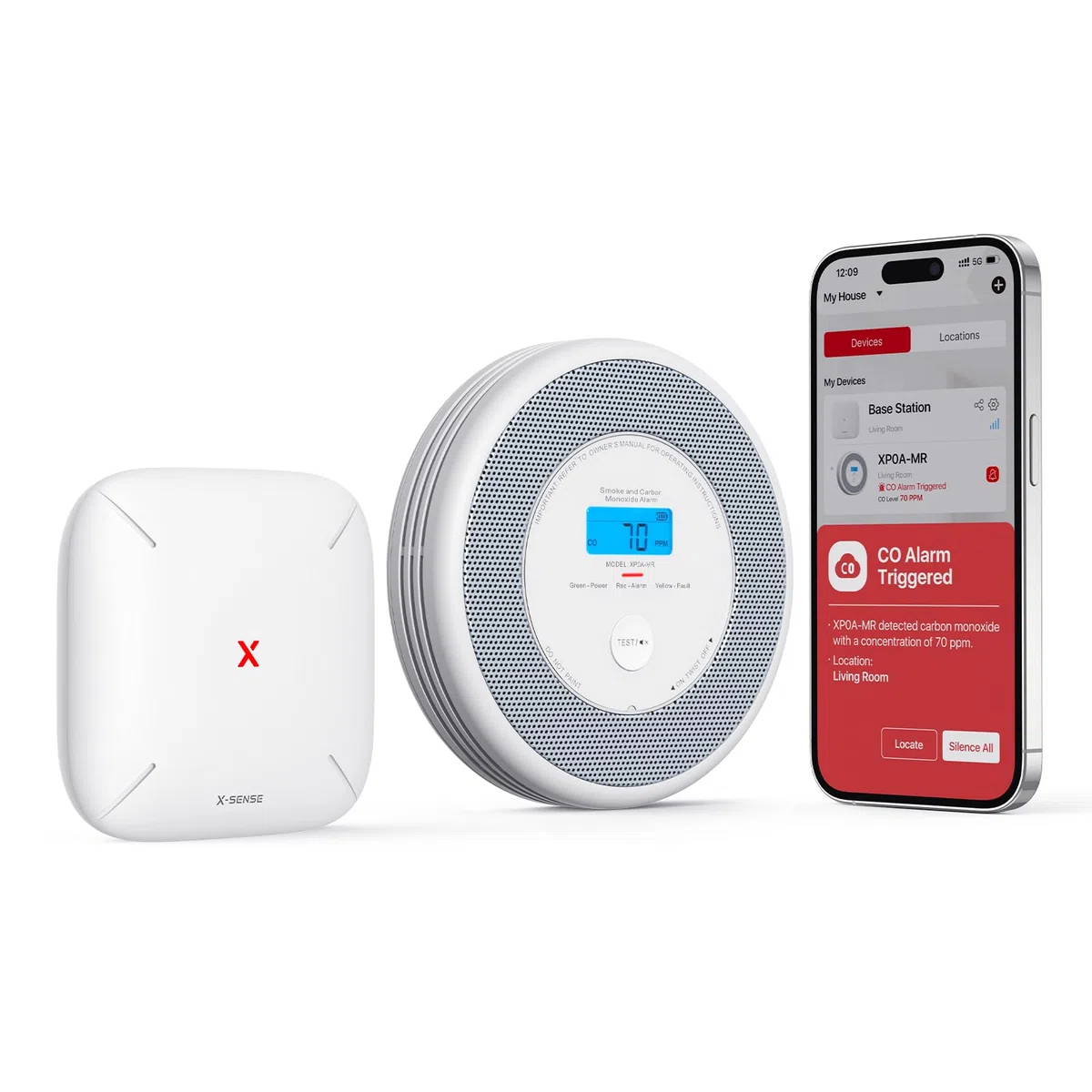 X-Sense Combinazione Wi-Fi allarme fumo e monossido di carbonio per la casa con avvisi vocali in inglese, allarme vocale wireless interconnesso con stazione base SBS50, XP0A-MR11