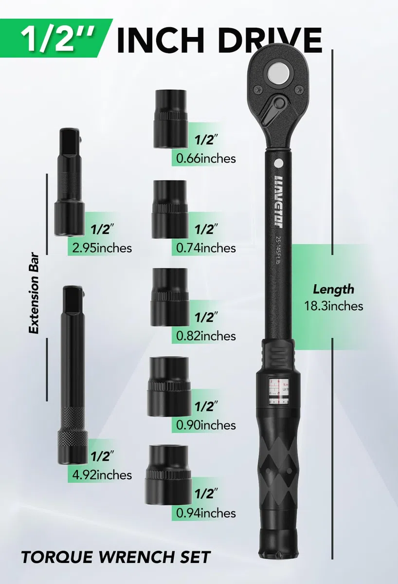 Chiave dinamometrica regolabile di precisione a scatto per finestra, precisione 3%, per manutenzione moto e biciclette (set 1/2", 25-145 ft.lb)