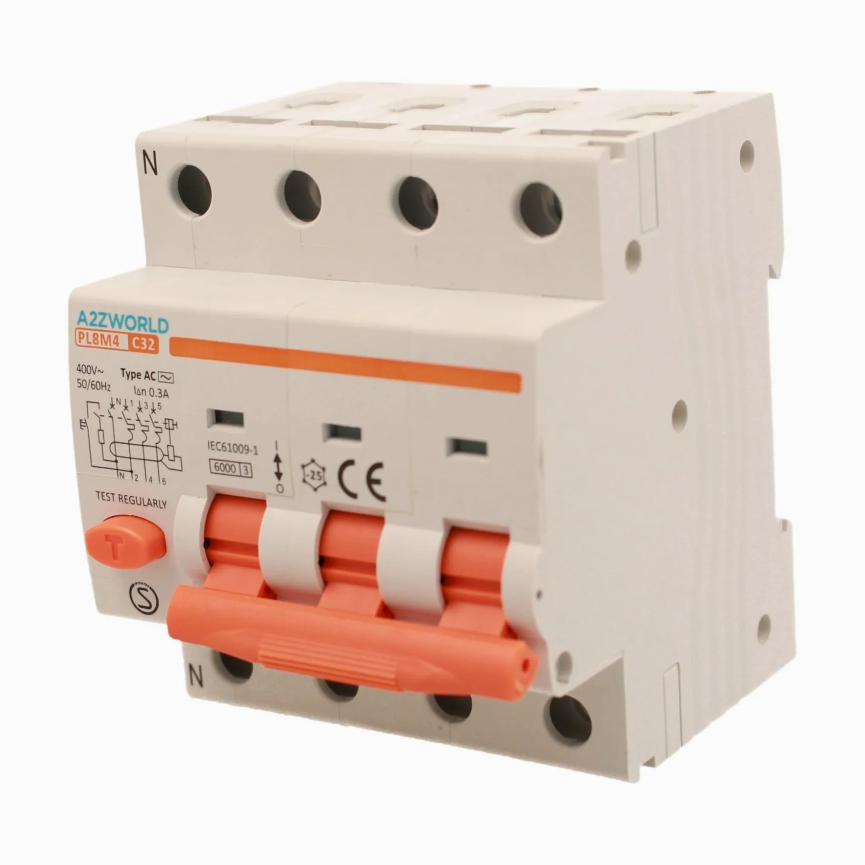 Interruttore Magnetotermico Differenziale Trifase 300mA 32A C32, RCBO Tipo AC Curva C 0,3A, 3P+N 6kA 400V, Occupa 4 Moduli DIN