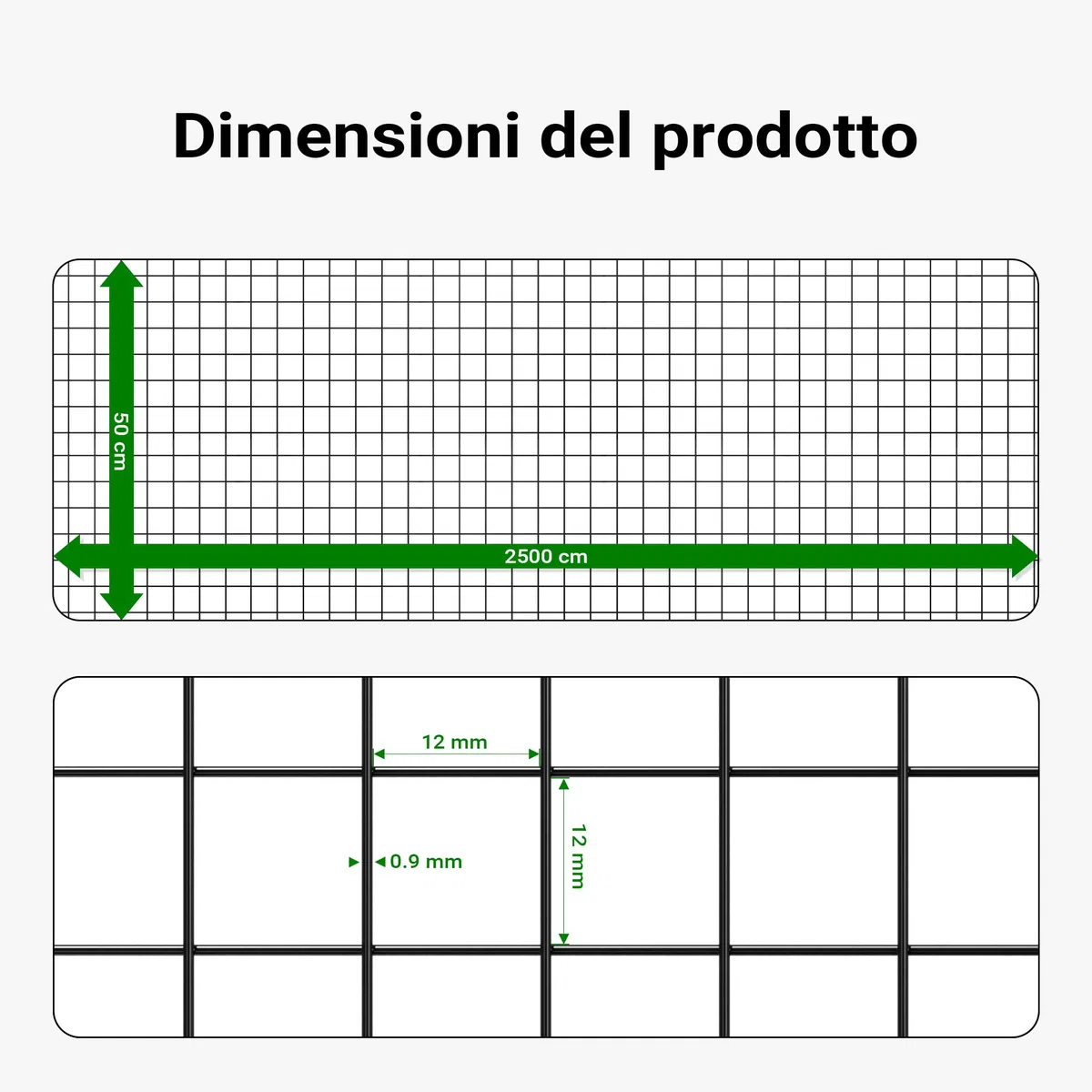 Wiltec Rete da voliera nera Maglie quadrate 12x12mm Rotolo da 25m Altezza 50cm Acciaio zincato