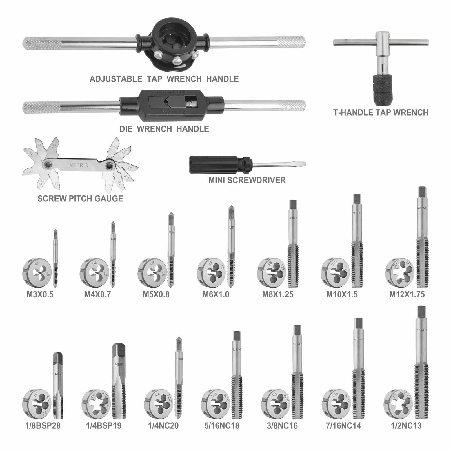 Gunpla 33 Pezzi Set Maschi e Filiera per Filettatura Metrica / SAE, Kit Filettare in Acciaio Legato al Tungsteno con Custodia in Metallo