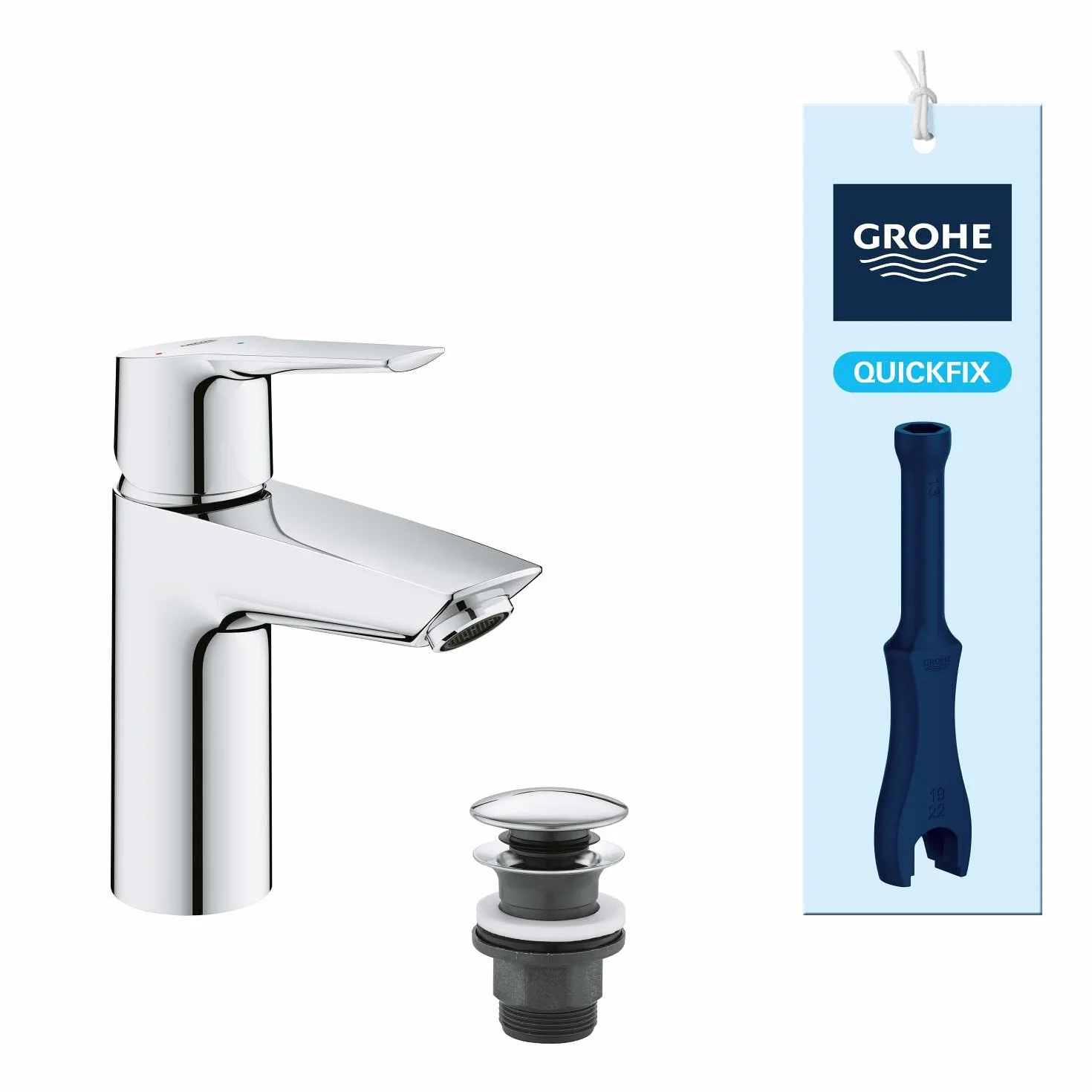 Grohe QUICKFIX Start / Miscelatore per lavabo da 1/2" con strumento di installazione / S-Size / Cromo / 23551002