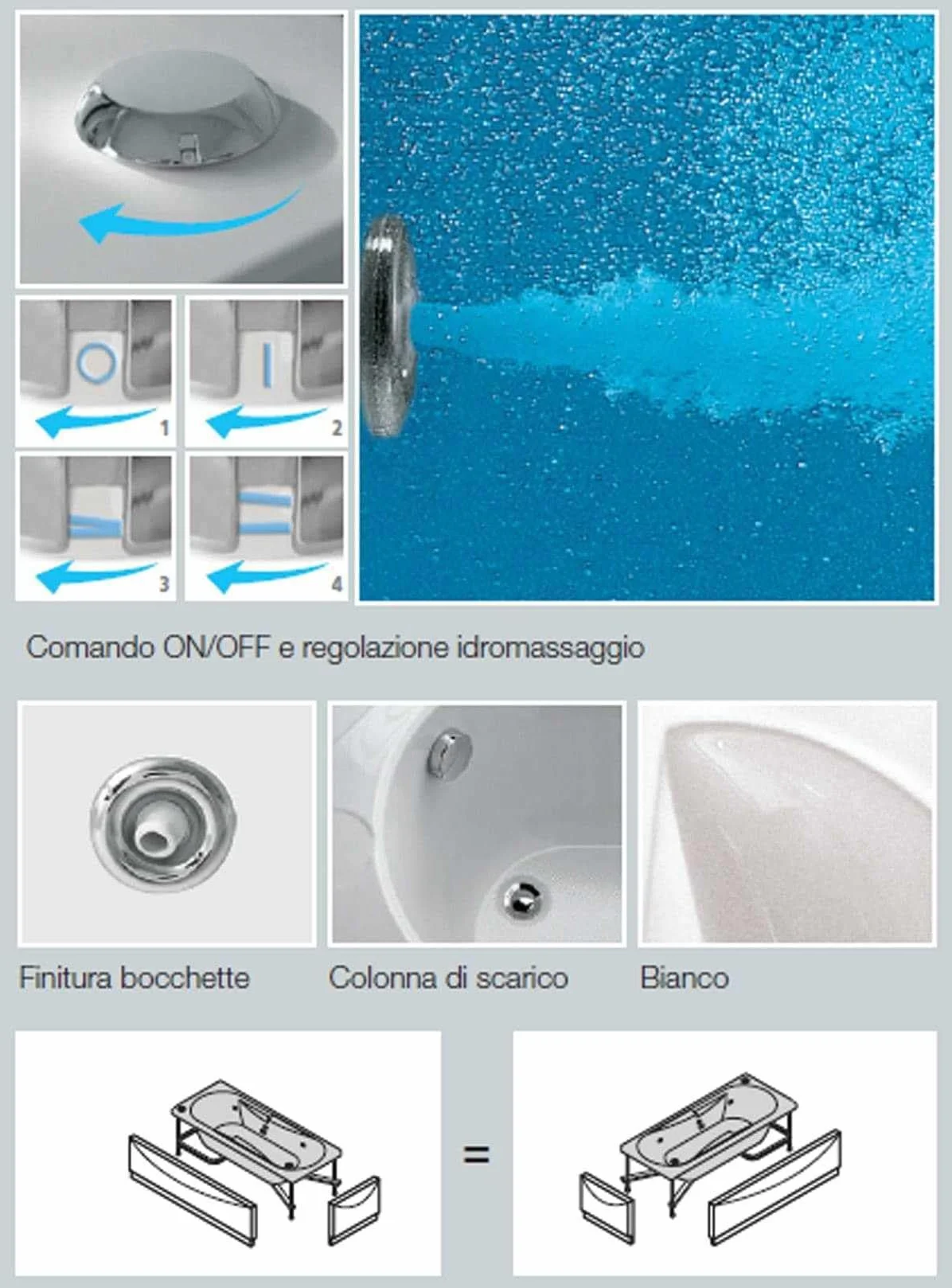 Novellini Calypso Eco Vasca da Bagno 160x70 H55cm Idro Laterale 6 Getti Reversibile Accensione Pneumatica Forma Esterna Rettangolare Interna ad Otto 2 Pannelli Acrilico Bianco Lucido Colonna Cuscino