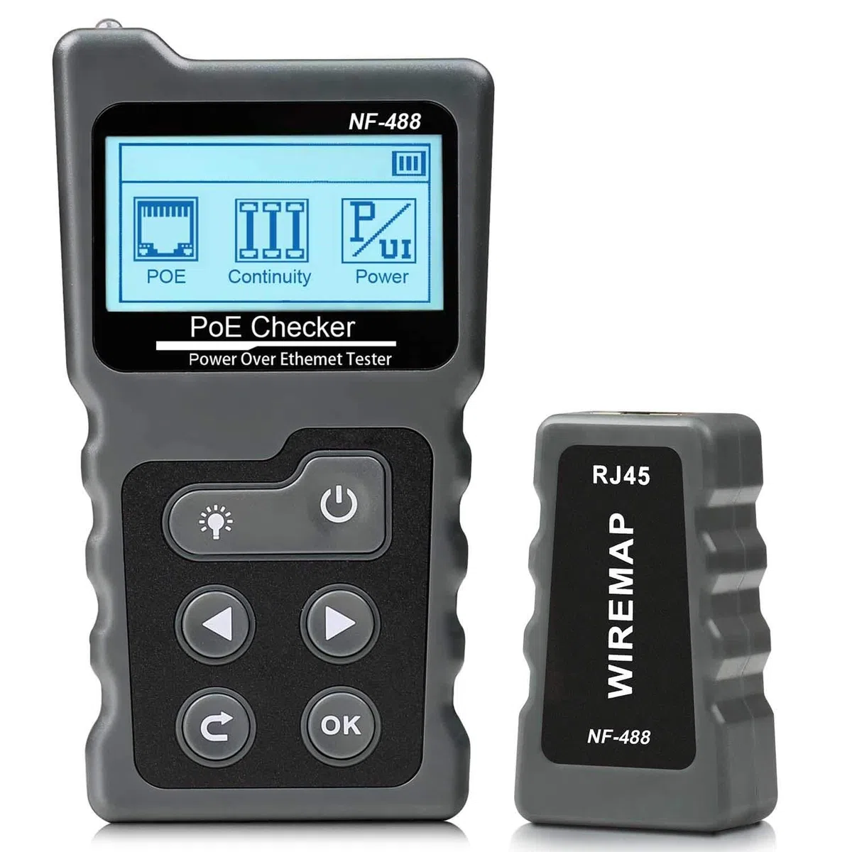 Tester di rete RJ45 con display LCD, tester per cavi NF-488 con funzione POE per verificare il cortocircuito, lo stato di interruzione di cavi di rete Cat5/Cat6, test di tensione e corrente
