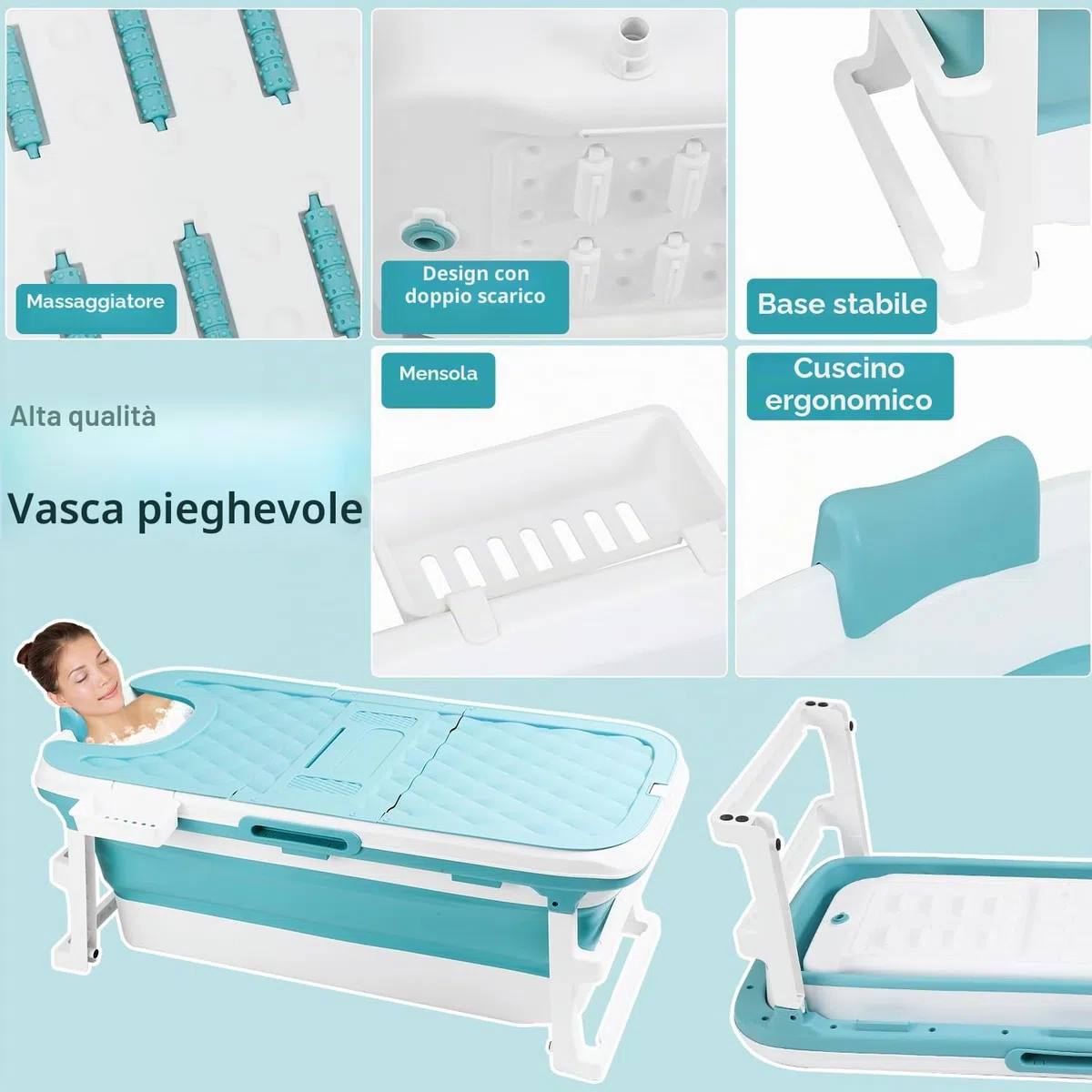 Vasca da bagno pieghevole per adulti - 149 x 60 x 50 cm - Portatile - Vasca da bagno mobile pieghevole con coperchio e rulli massaggianti - Portasapone - Per bagno e doccia - Blu