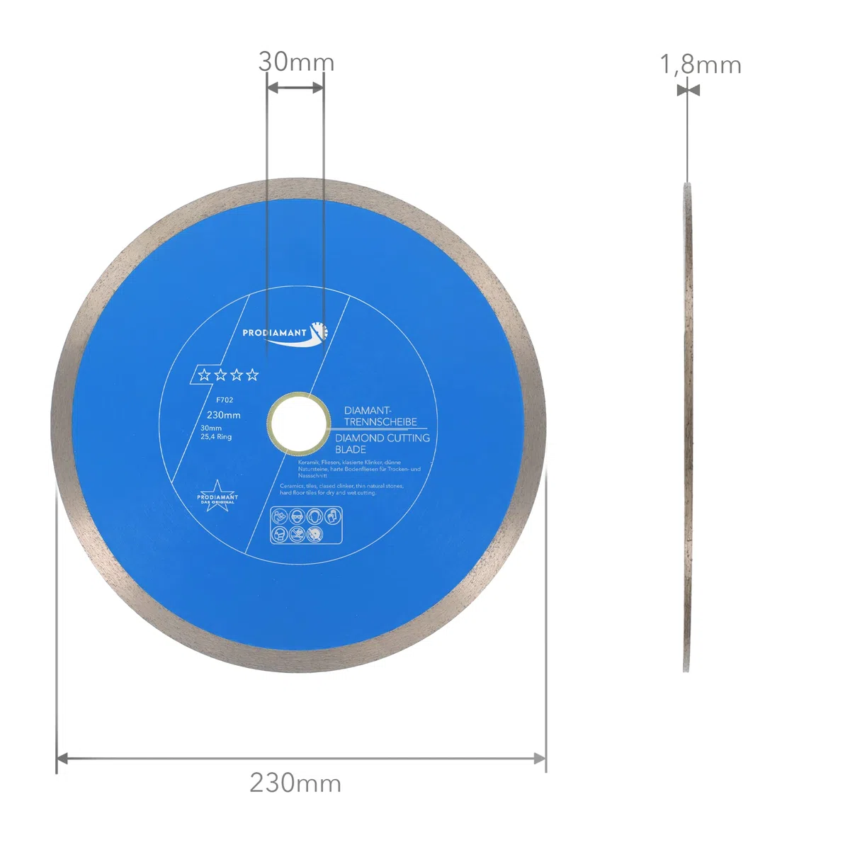 PRODIAMANT Disco da taglio diamantato Tile Professional 230 mm x 30/25,4 mm F702 ProRim no break out su piastrelle smaltate gres porcellanato ceramica e pietra naturale