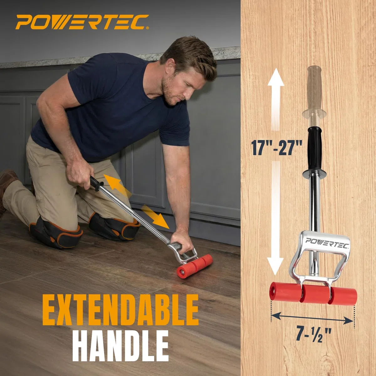 POWERTEC Rullo Estensibile 71033 Resistente da 68,9 cm | Seconda Maniglia pressofusa per Una Maggiore Leva, Argento/Rosso