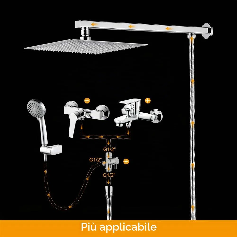 GRIFEMA G7007 - Soffione Doccia Pioggia con Braccio e Tubo, Soffione Doccia a Pioggia Anticalcare ad Alta Pressione Testa di Doccia Acciaio Inox Lucido Ultra Sottile Quadrato