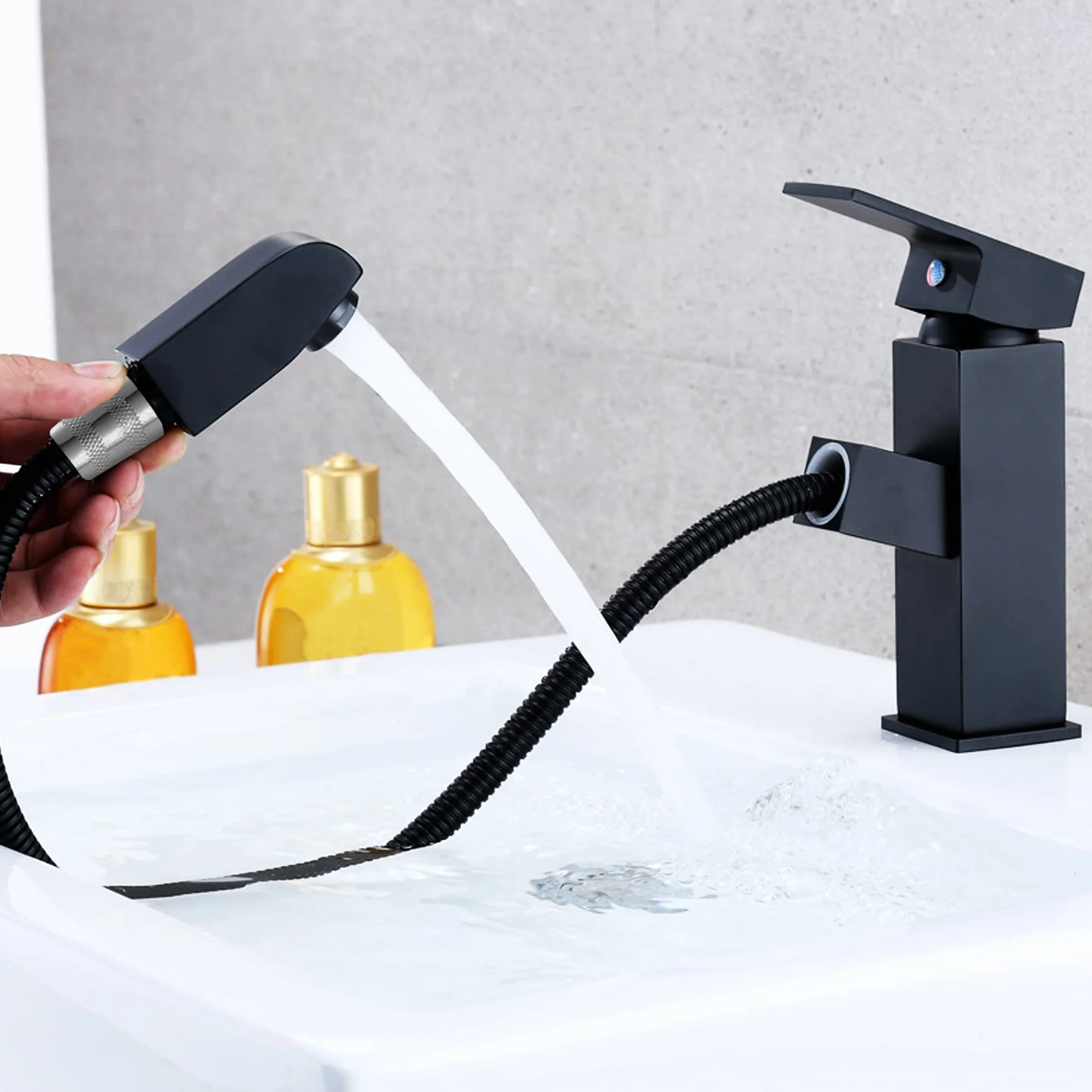 Rubinetto bagno nero con doccetta estraibile acciaio inossidabile acqua calda e fredda con 2 tubi inclusi miscelatore lavabo