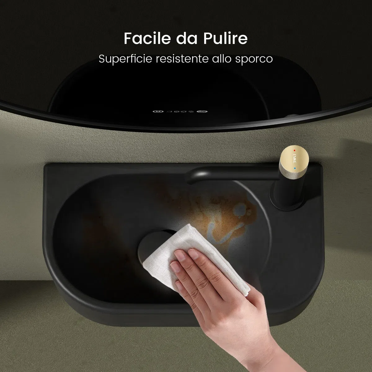 EMKE Lavamano Sospeso 40 x 21,5 x 12 cm, Lavandino Nero Opaco Rettangolare per Bagno Piccolo e WC, Mini Lavabo a Parete con Rubinetto a Destra - Senza Rubinetto e Piletta