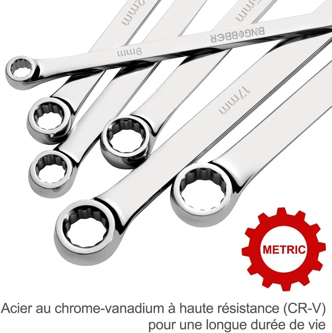 Set di 8 chiavi a doppio occhio miste, chiave poligonale extra lunga 8-24 mm