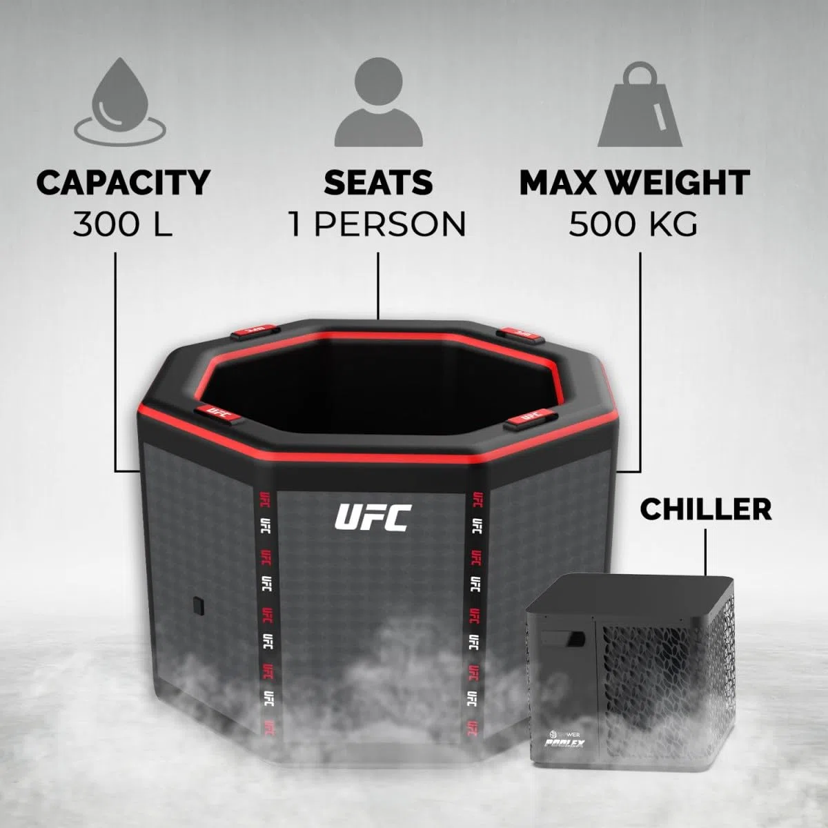 N NETSPA Pack Chiller 3-40°C 3kw Ice Bath Octagon UFC (SP-UFC250-CK3) - Bagno Freddo Dropstitch Terapia Freddo Nuova Generazione - 130 x 90 cm - 1 Persona 357 L