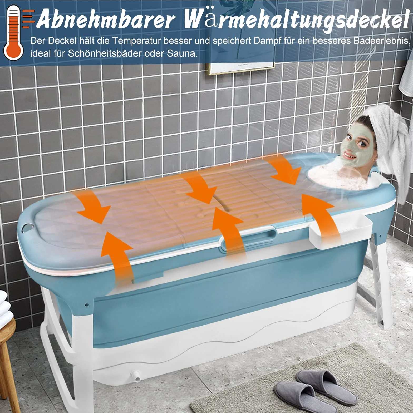 Aufun Vasca da bagno pieghevole XL 148 x 62 x 53 cm, ideale per bagno, doccia e balcone, con copertura e rulli massaggianti, cestino per il sapone, vasca portatile in plastica spessa - blu