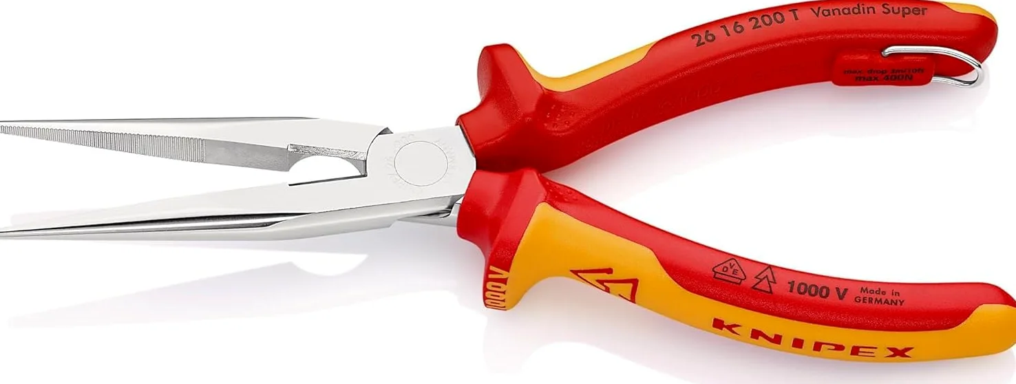 KNIPEX Pinza per meccanica - con becchi mezzotondi con tronchese (pinza a becchi di cicogna) in blister cromata isolante con manici, 26 16 200 T BK