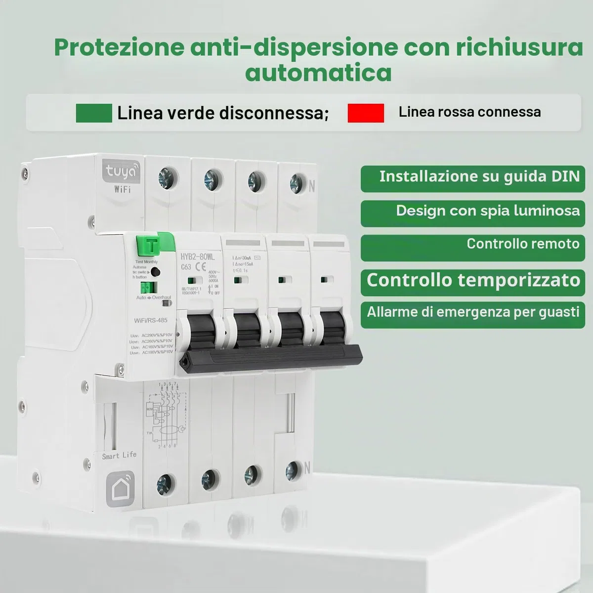 Interruttore magnetotermico differenziale wifi Salvavita 63A 4P 30ma tuya/Smart Life APP Recovery Reclosing Protezione dalle perdite richiudibile Protezione dalle perdite per sottotensione.