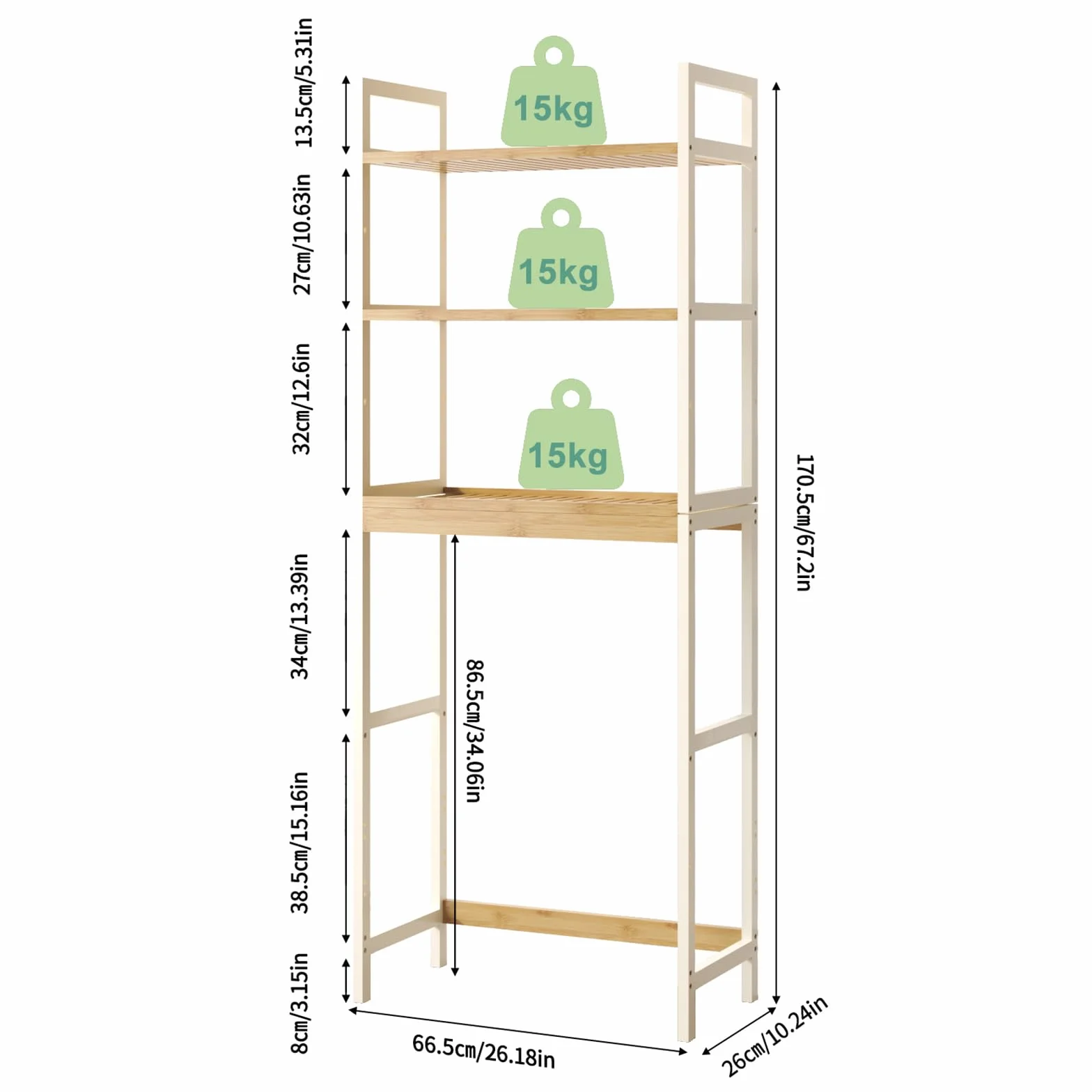 Mobile Sopra Lavatrice, Scaffale Lavatrice a 3 Ripiani in Bambù, per Bagno, Cucina, Soggiorno, 66.5x26x170cm