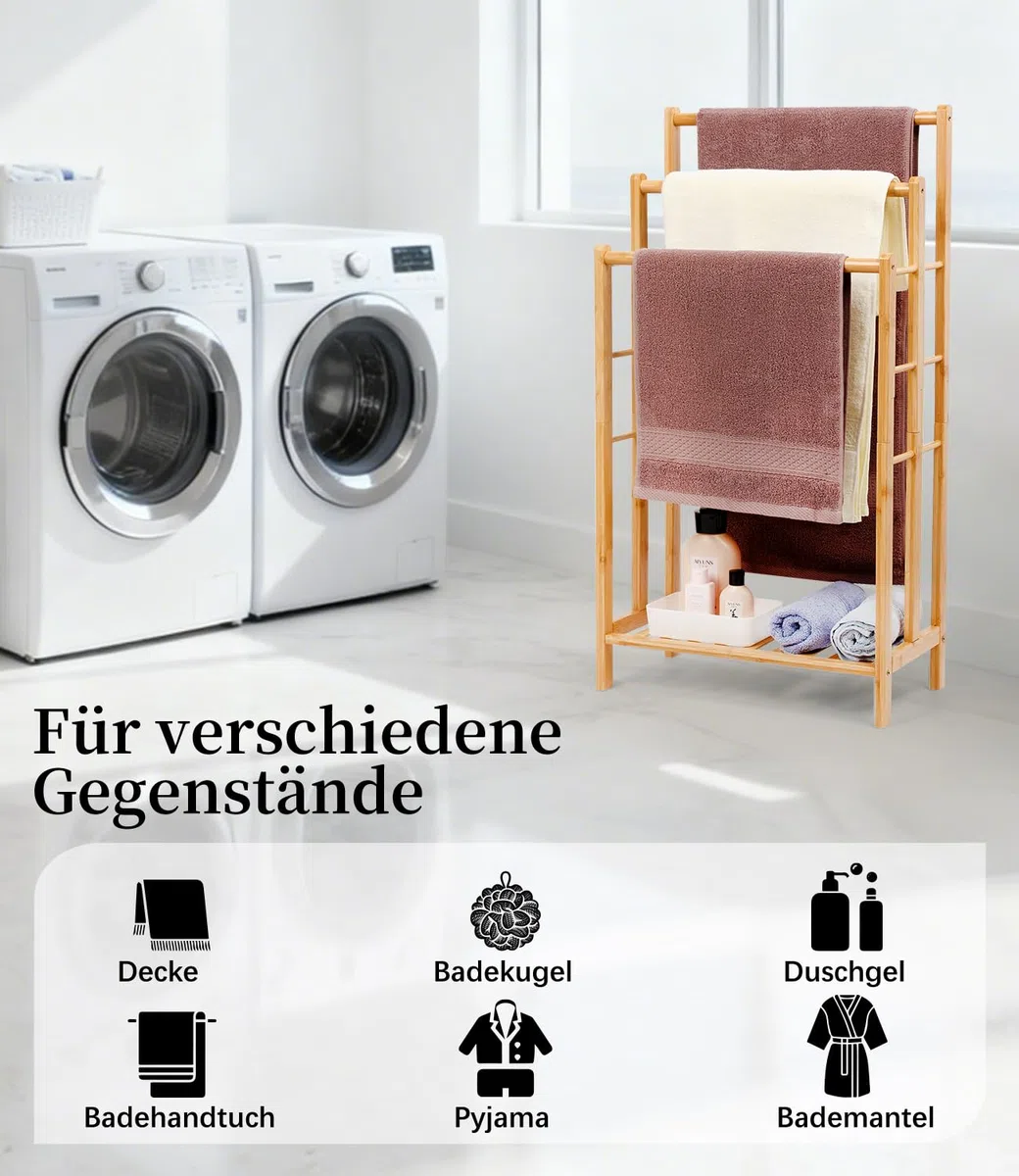 Portasciugamani in bambù con ripiano, portasciugamani indipendente, scaletta portasciugamani con 3 aste, bagno, soggiorno, salvaspazio (altezza 86 cm)