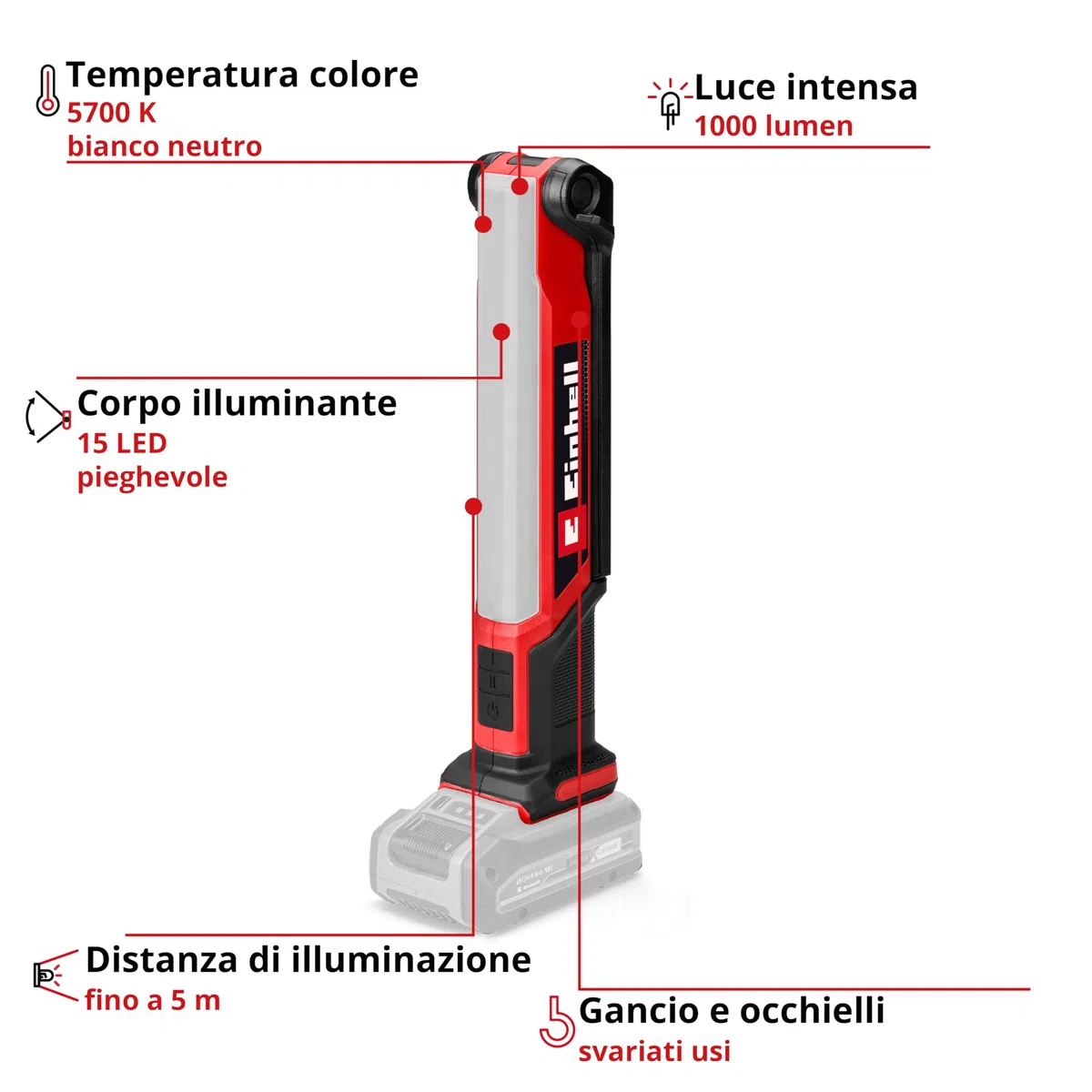 Lampada Einhell TE-CL 18/1000 S Li-Solo Power X-Change (18 V, testata orientabile, 3 opzioni luce, pannelli luminosi pieghevoli, 15 LED, 1000 Lumen, 5700 Kelvin, senza batteria)